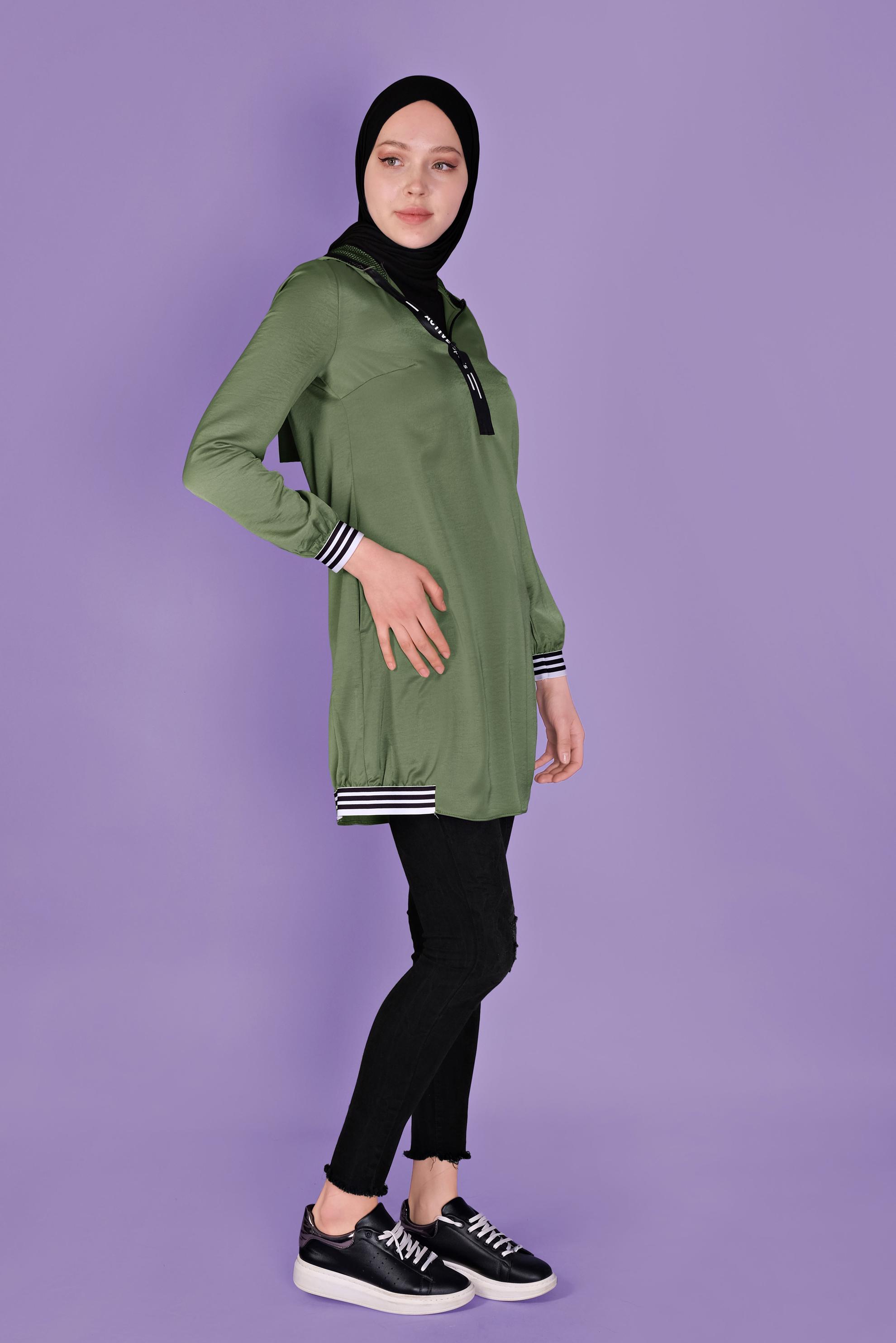 Tesettür giyim HAKİ KAPÜŞONLU SATEN AEROBİN TUNİK 41507 