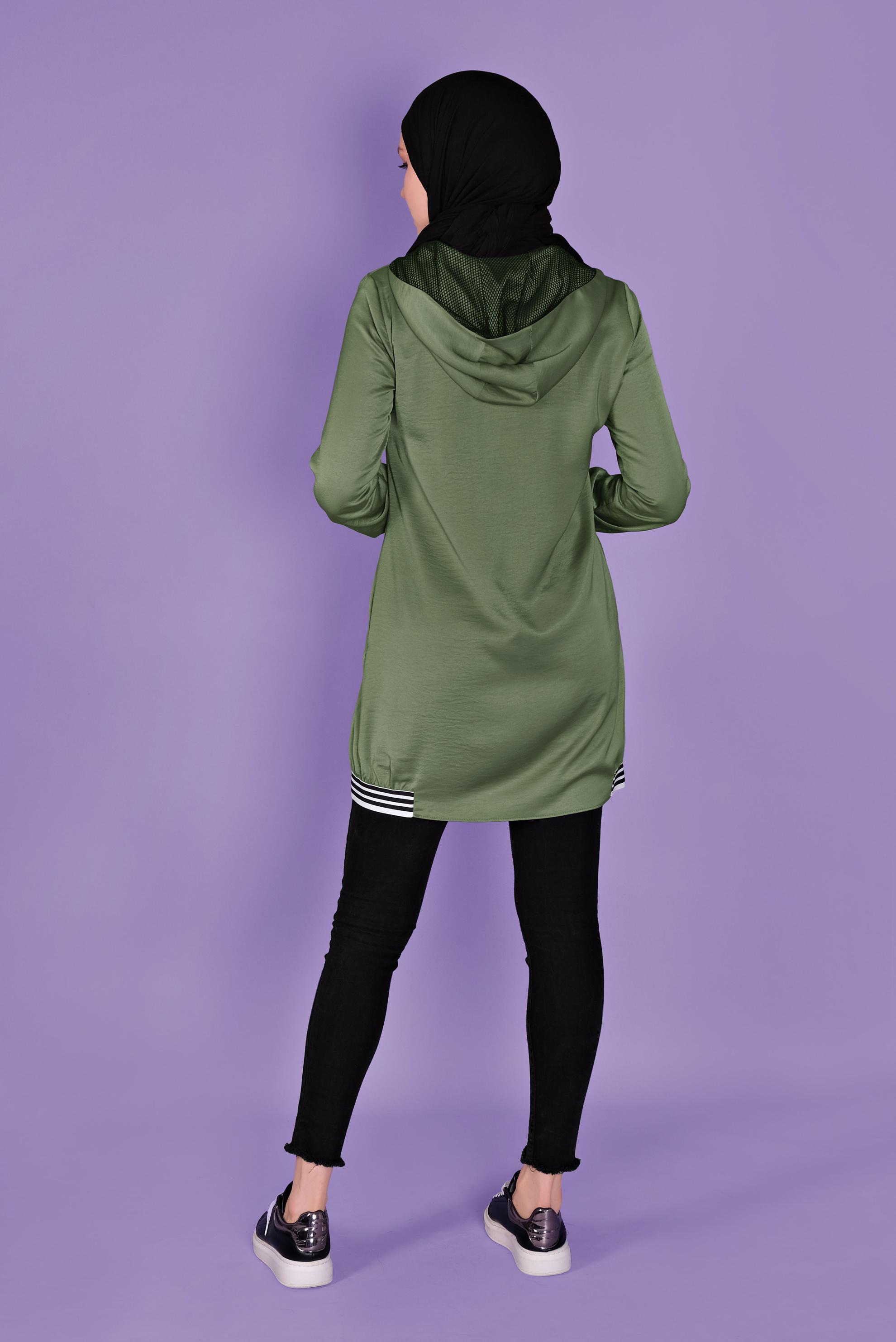 Tesettür giyim HAKİ KAPÜŞONLU SATEN AEROBİN TUNİK 41507 