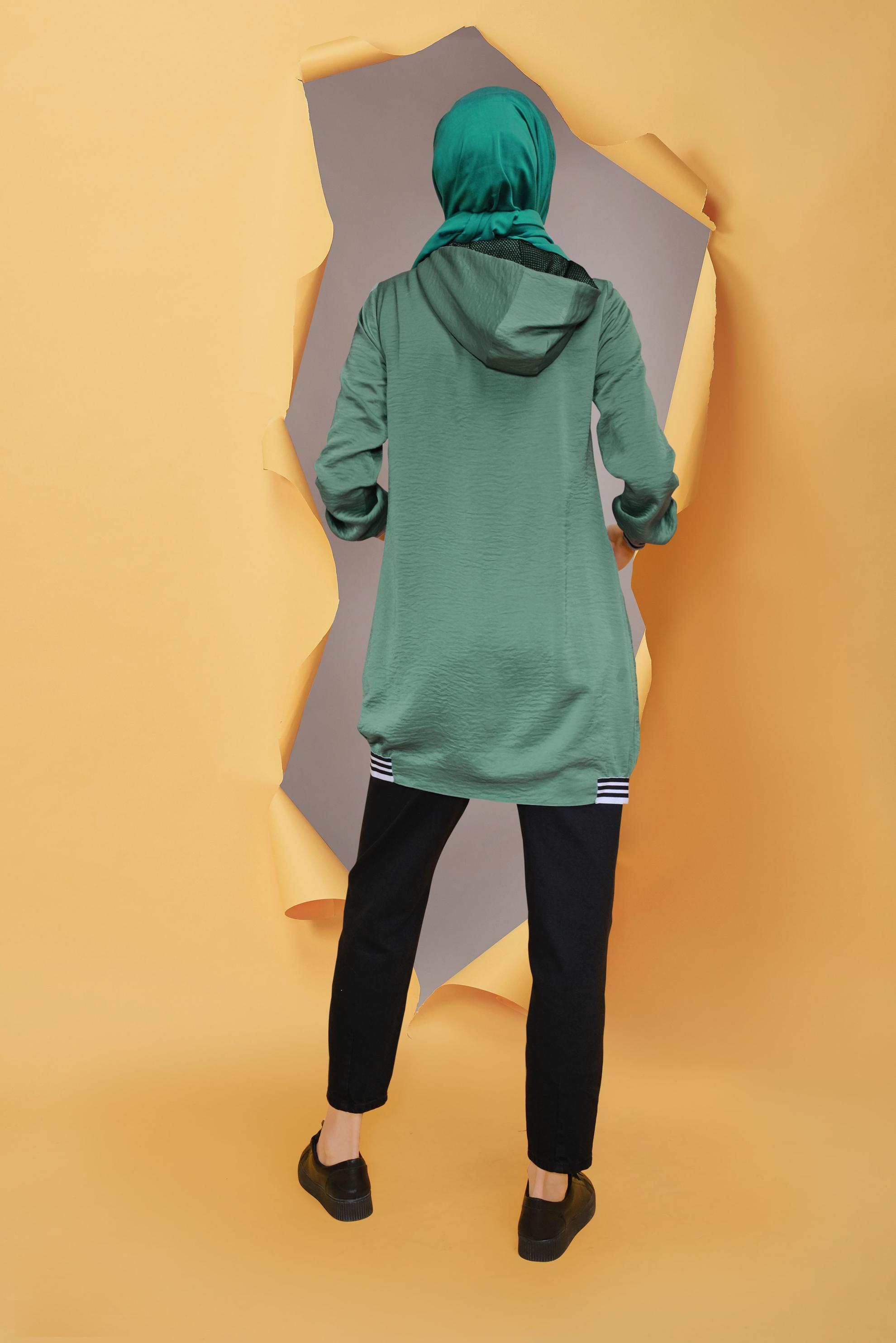 Tesettür giyim MAVİ KAPÜŞONLU SATEN AEROBİN TUNİK 41507 