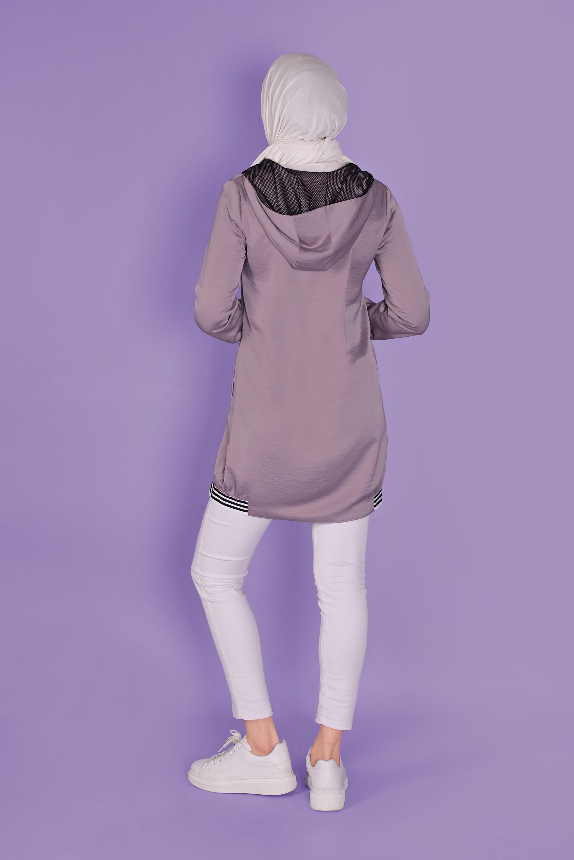 Tesettür giyim MOR KAPÜŞONLU SATEN AEROBİN TUNİK 41507 