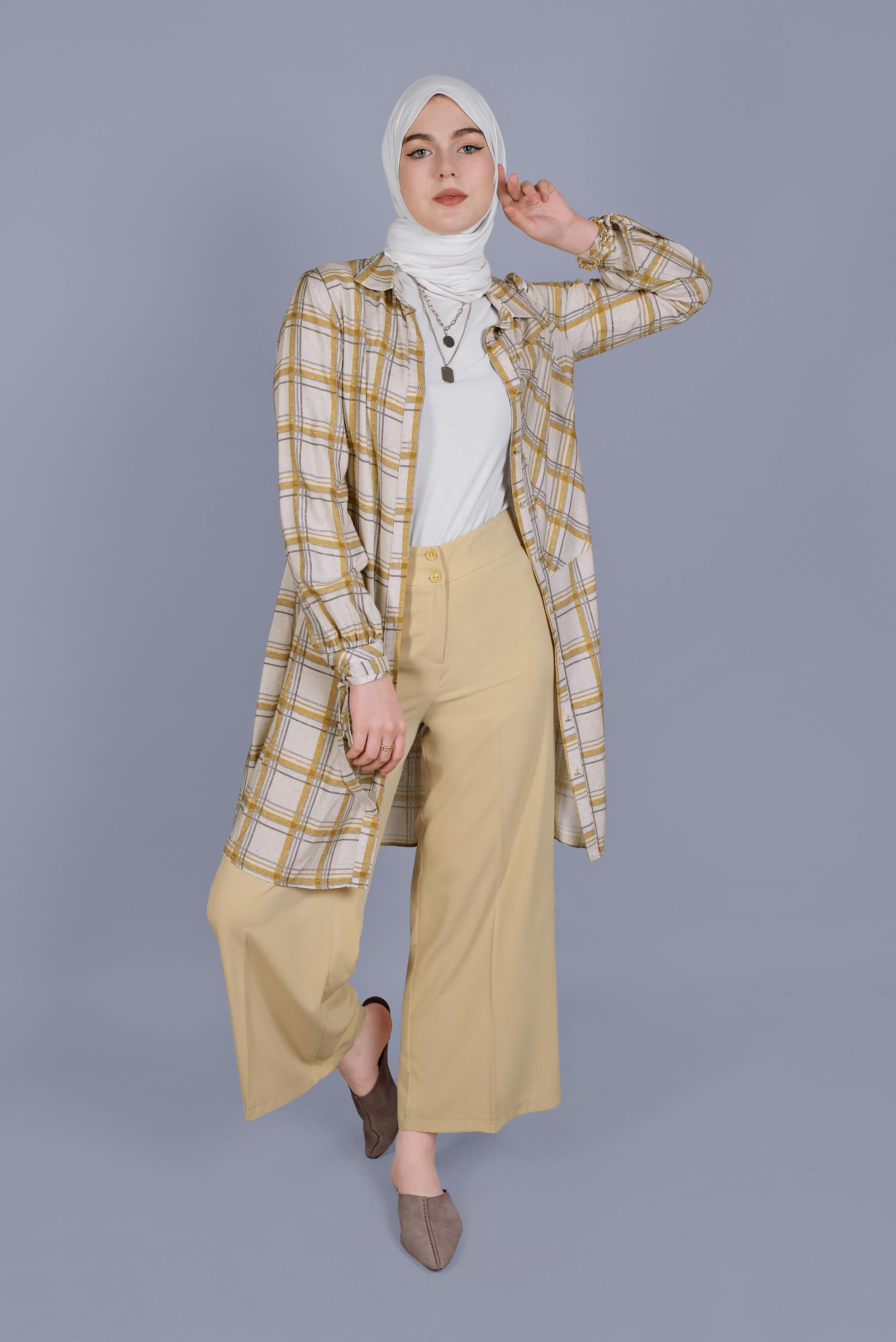 Tesettür giyim SARI KARELİ BİLEKLERİ BAĞCIKLI TUNİK 41519 