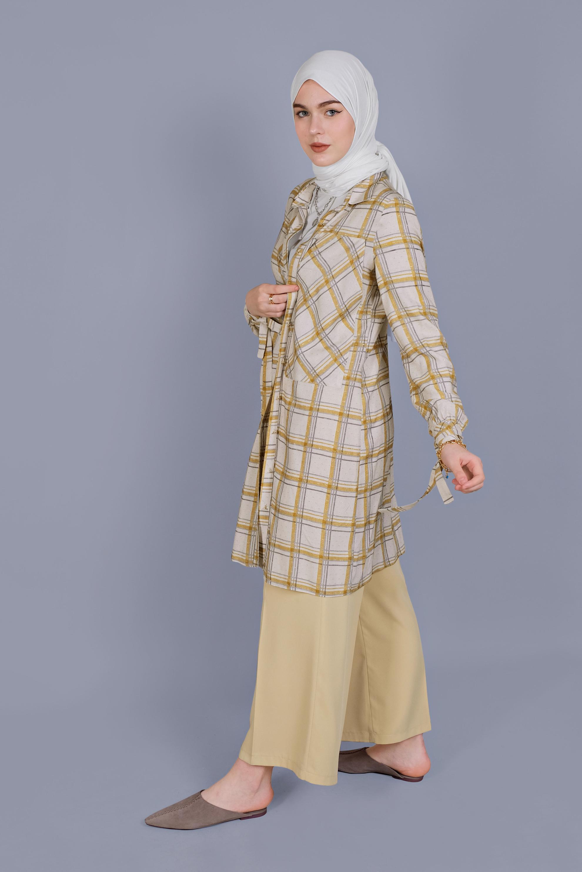 Tesettür giyim SARI KARELİ BİLEKLERİ BAĞCIKLI TUNİK 41519 