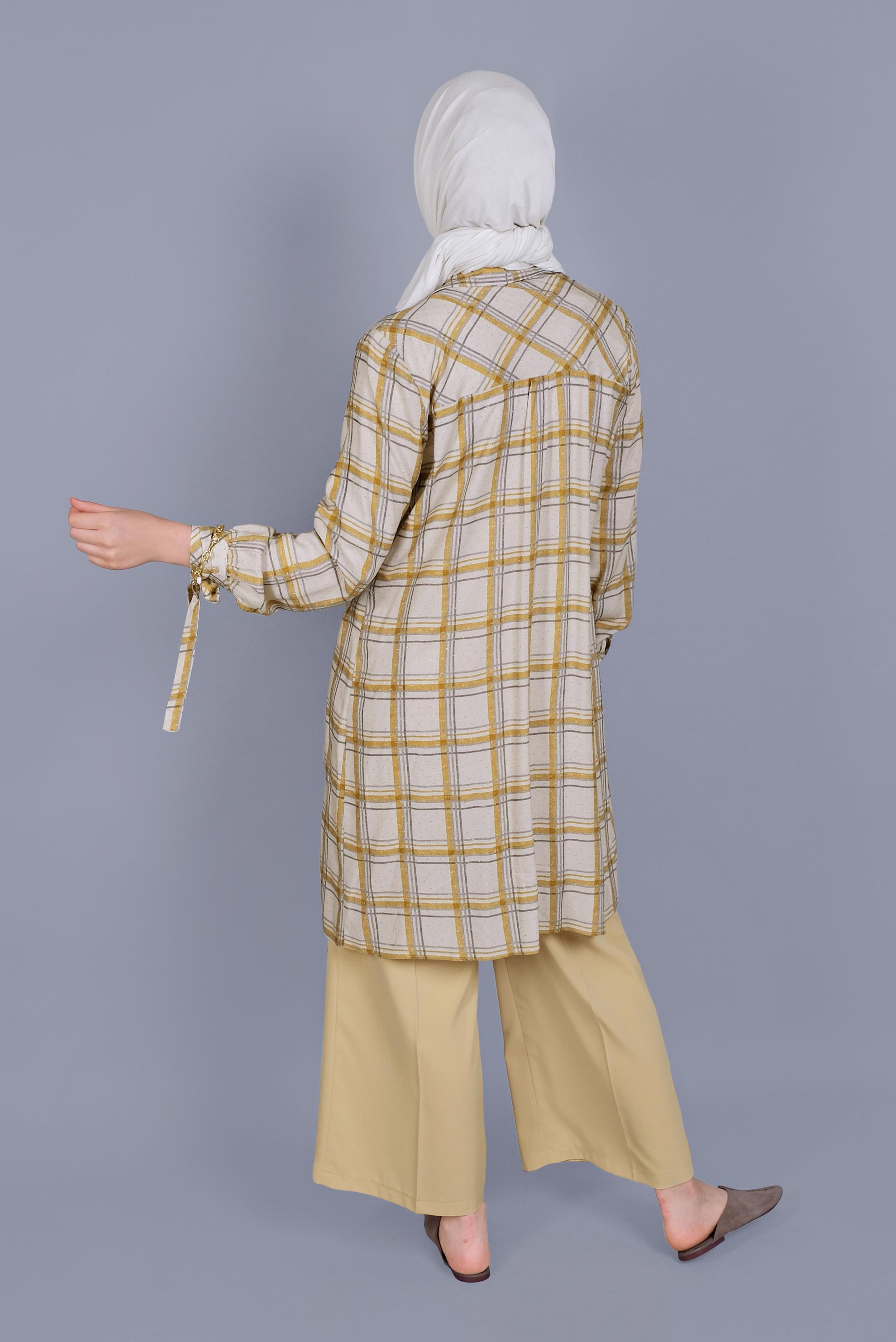 Tesettür giyim SARI KARELİ BİLEKLERİ BAĞCIKLI TUNİK 41519 