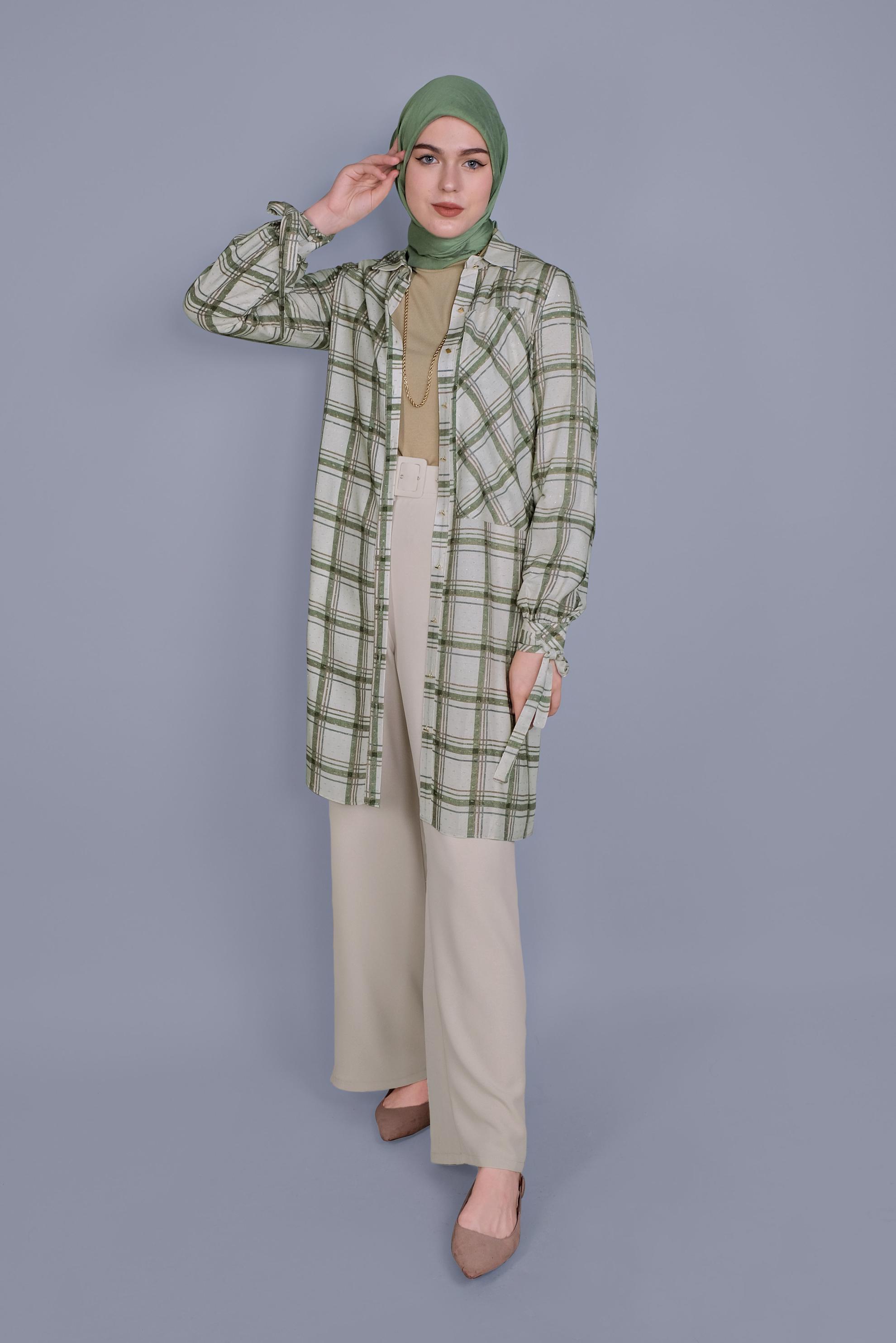 Tesettür giyim HAKİ KARELİ BİLEKLERİ BAĞCIKLI TUNİK 41519 