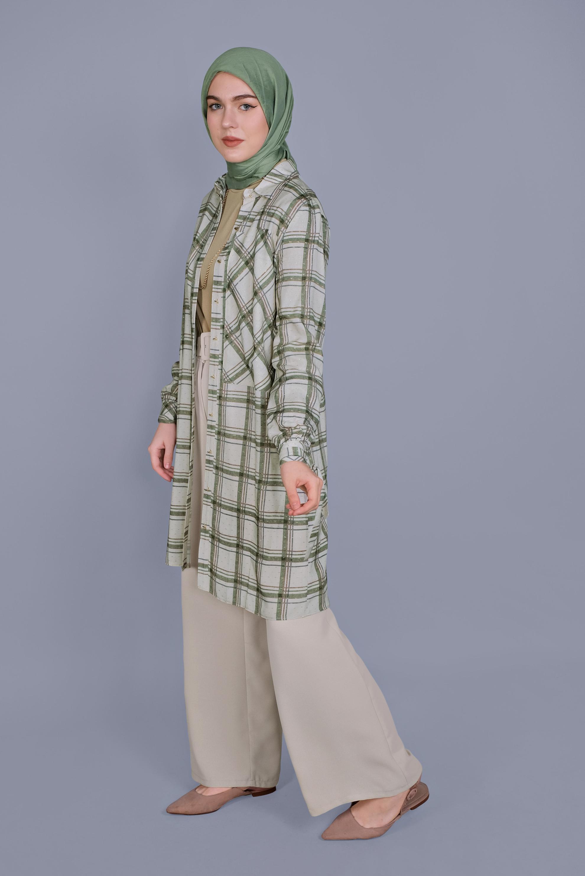 Tesettür giyim HAKİ KARELİ BİLEKLERİ BAĞCIKLI TUNİK 41519 