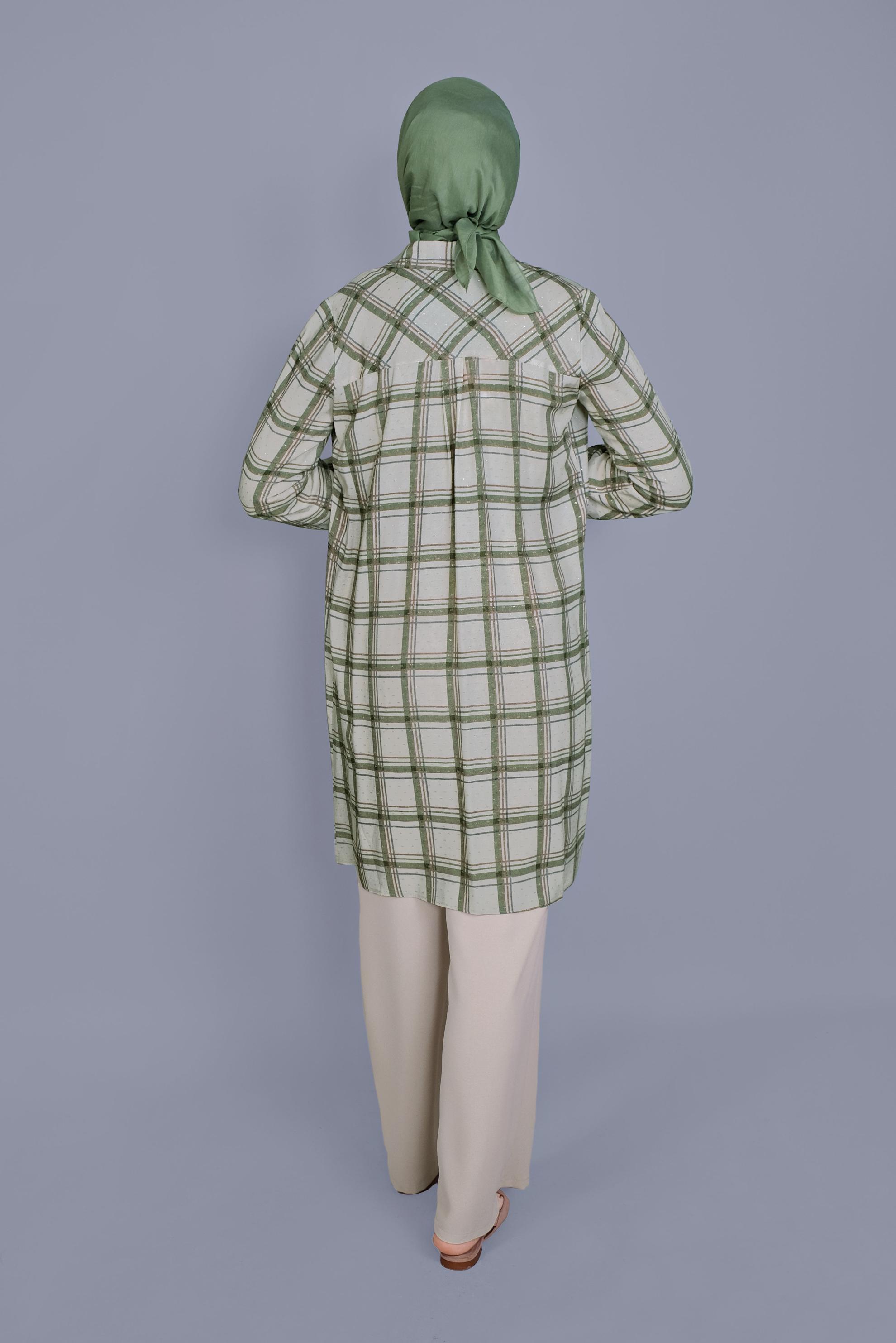 Tesettür giyim HAKİ KARELİ BİLEKLERİ BAĞCIKLI TUNİK 41519 