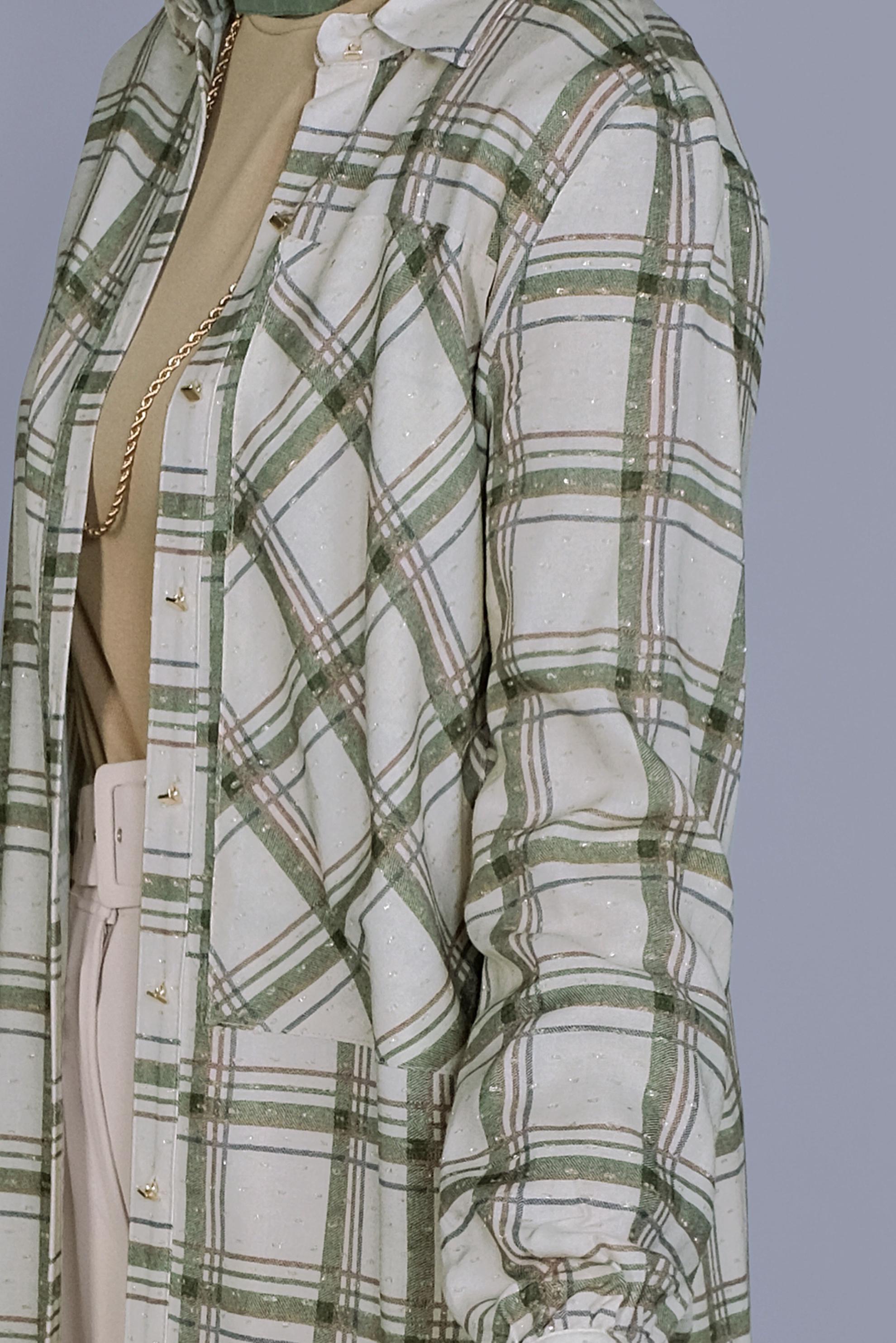 Tesettür giyim HAKİ KARELİ BİLEKLERİ BAĞCIKLI TUNİK 41519 