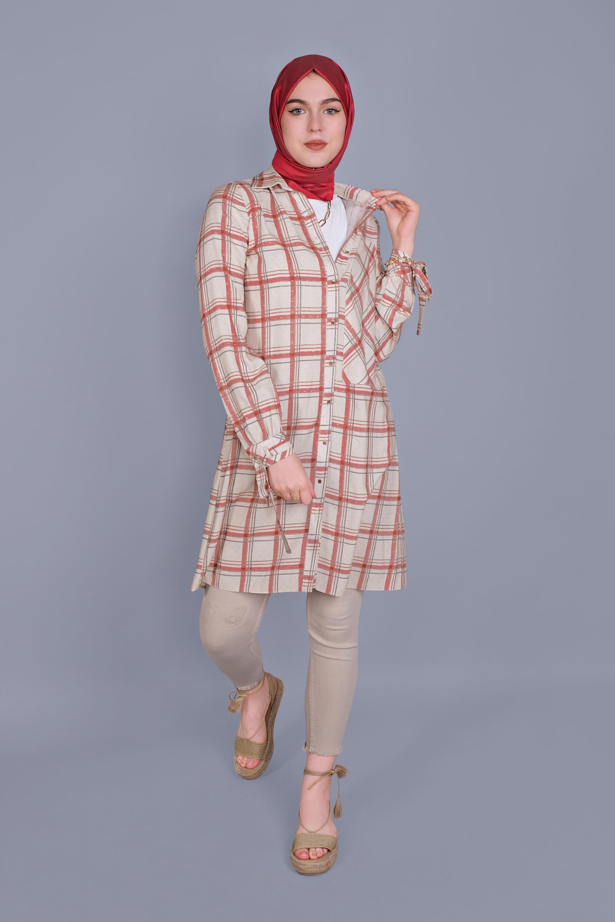 Tesettür giyim TURUNCU KARELİ BİLEKLERİ BAĞCIKLI TUNİK 41519 