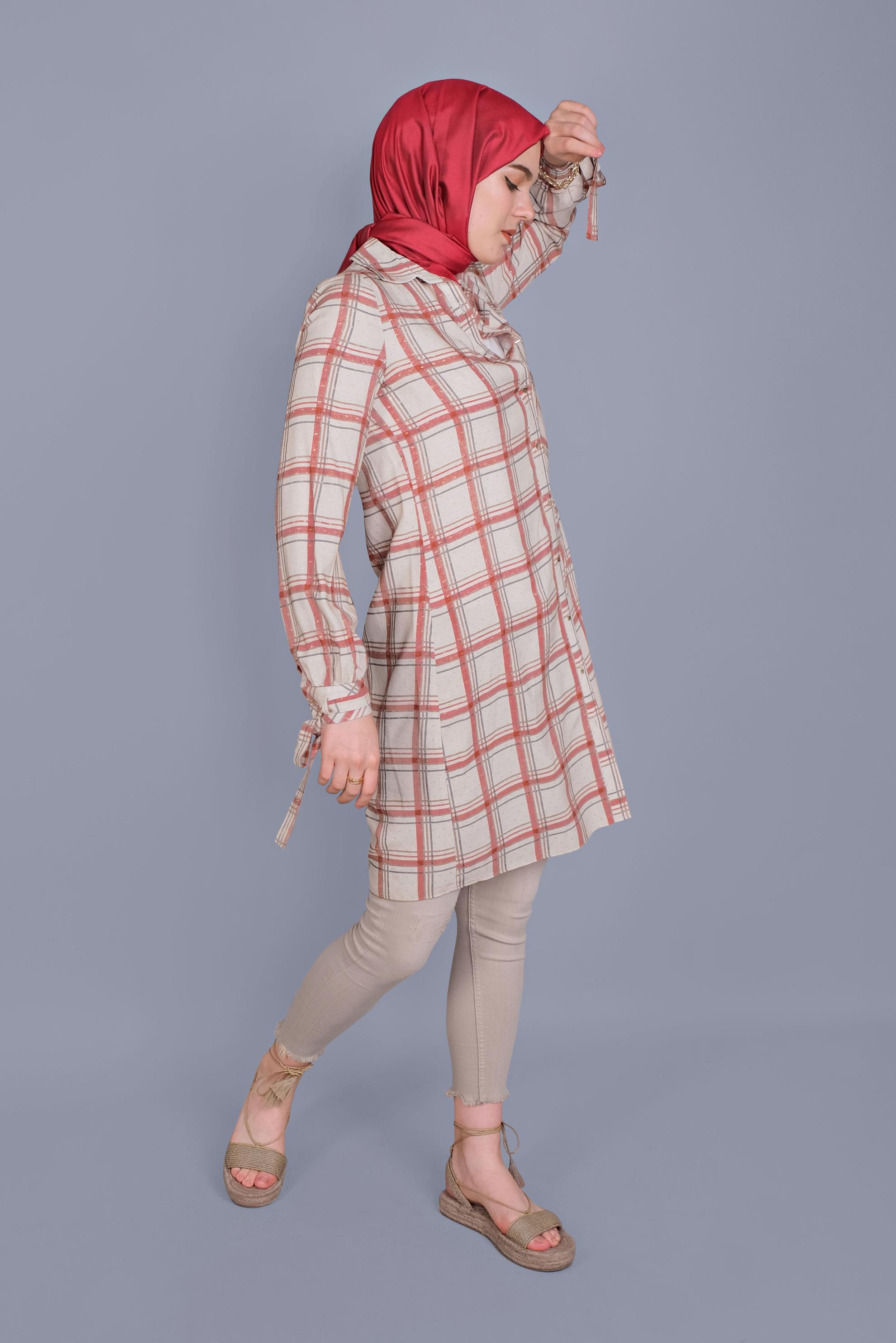 Tesettür giyim TURUNCU KARELİ BİLEKLERİ BAĞCIKLI TUNİK 41519 