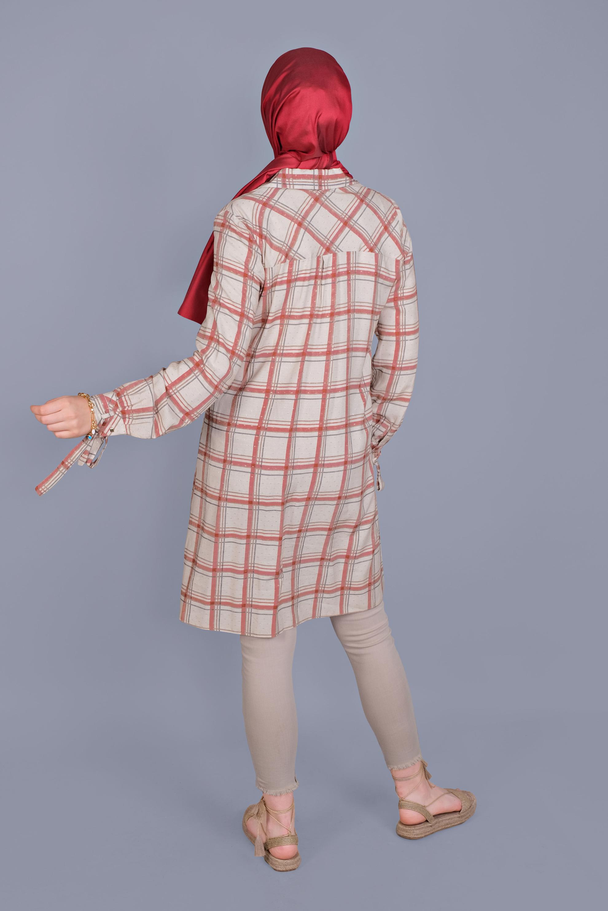 Tesettür giyim TURUNCU KARELİ BİLEKLERİ BAĞCIKLI TUNİK 41519 