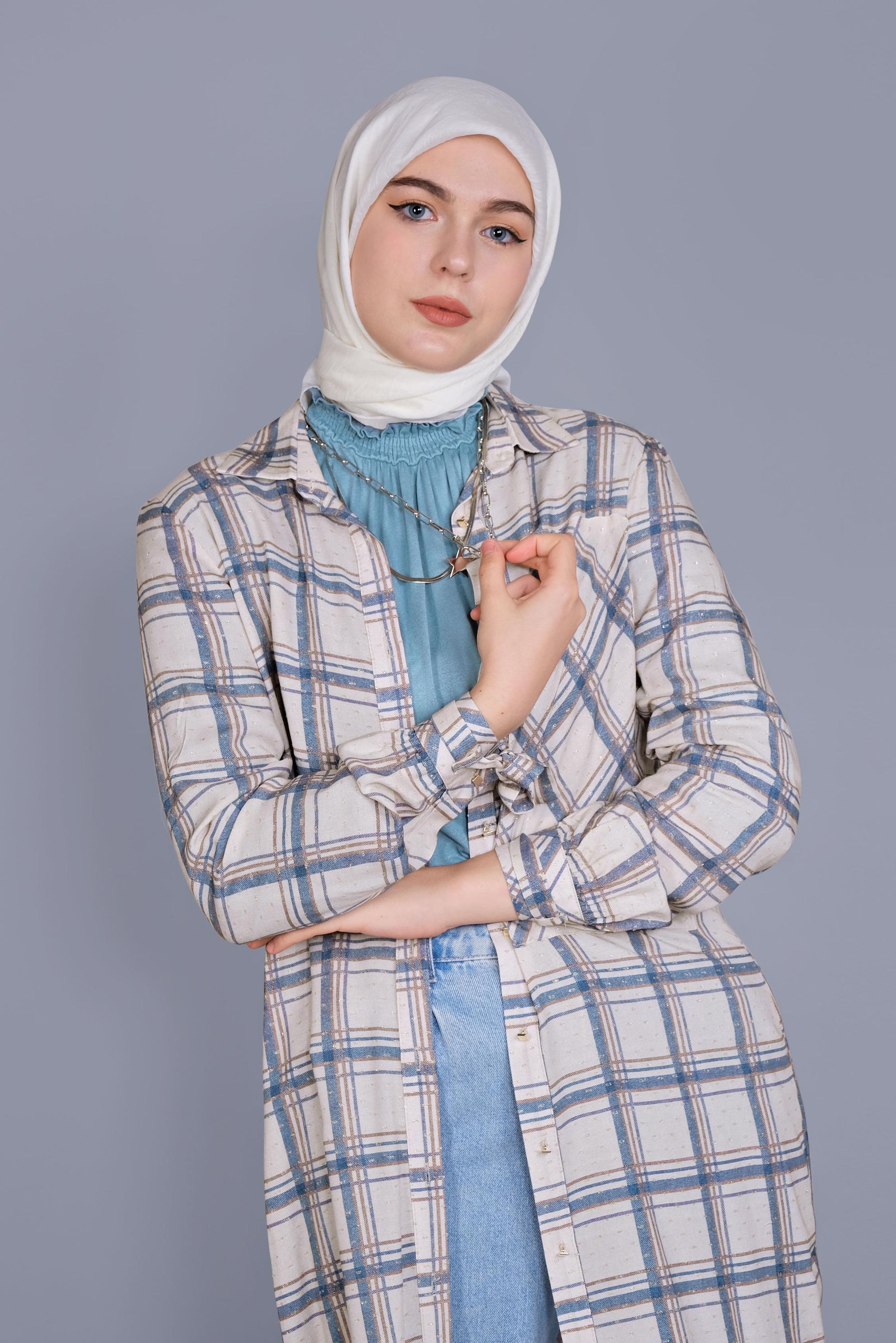 Tesettür giyim LACİVERT KARELİ BİLEKLERİ BAĞCIKLI TUNİK 41519 