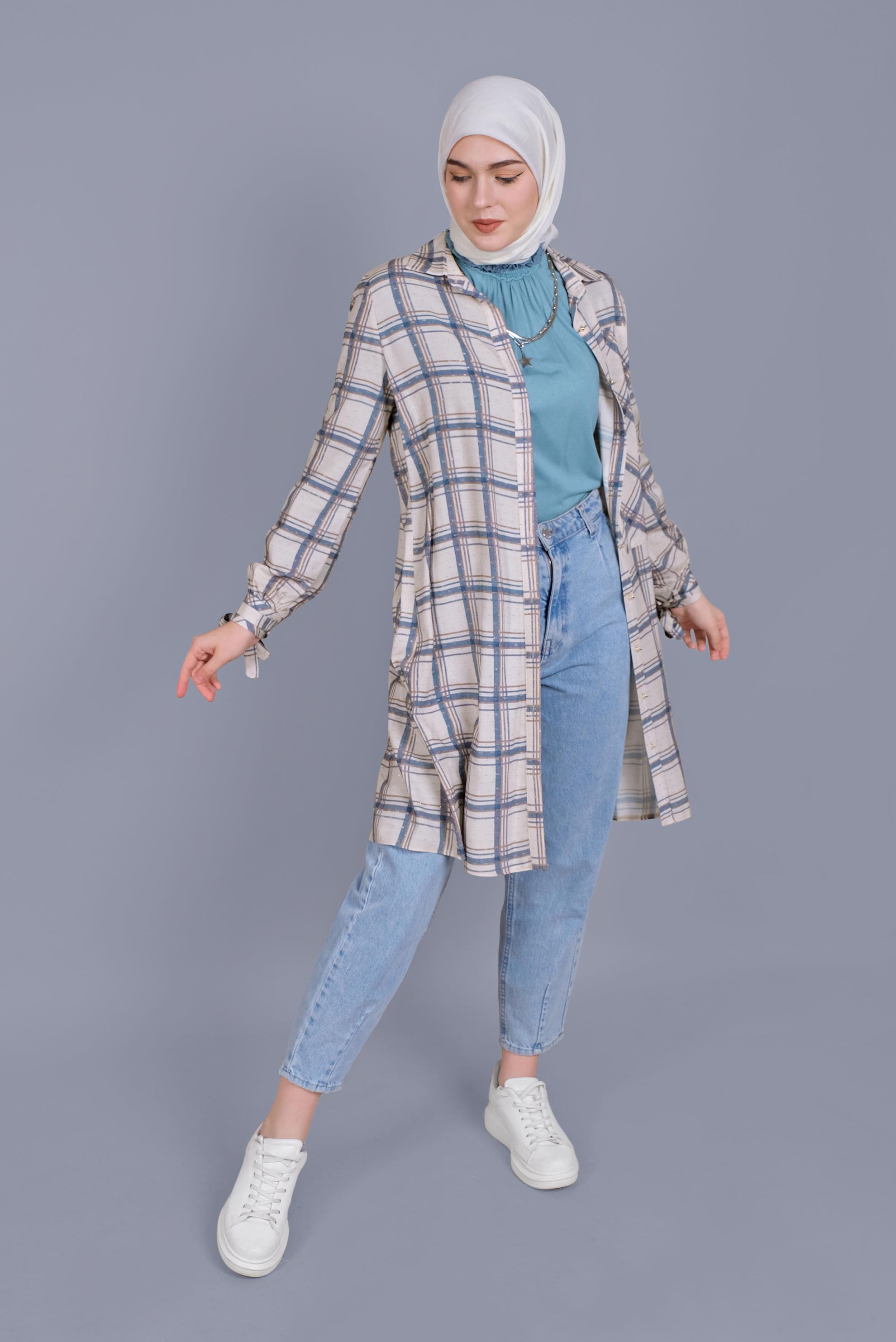 Tesettür giyim LACİVERT KARELİ BİLEKLERİ BAĞCIKLI TUNİK 41519 