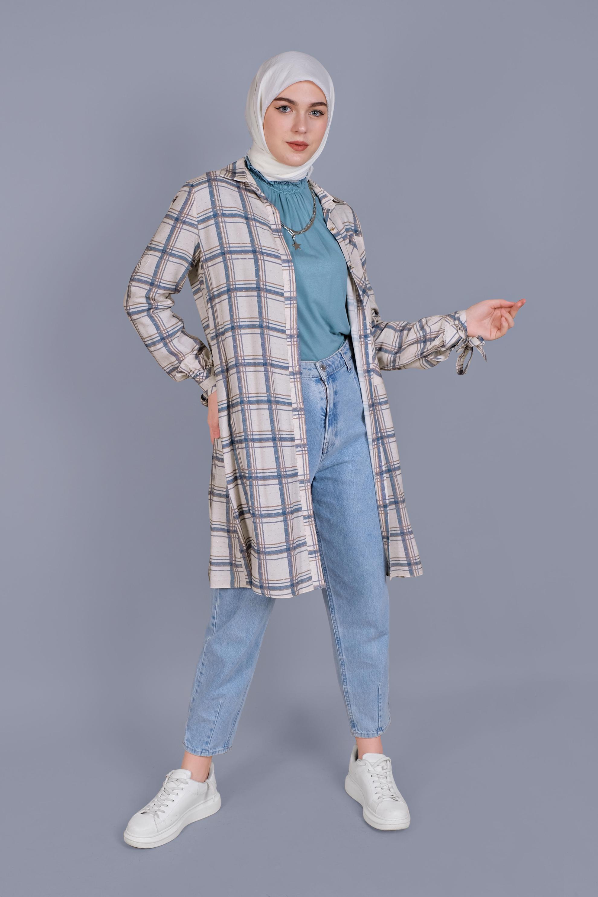 Tesettür giyim LACİVERT KARELİ BİLEKLERİ BAĞCIKLI TUNİK 41519 