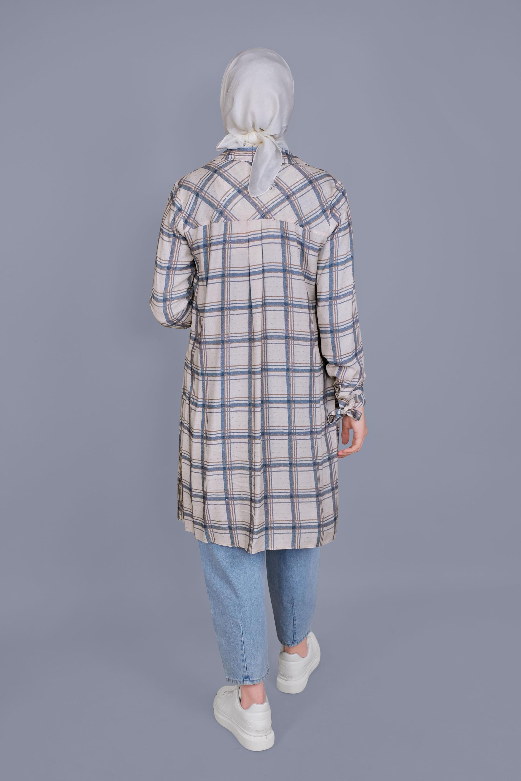 Tesettür giyim LACİVERT KARELİ BİLEKLERİ BAĞCIKLI TUNİK 41519 