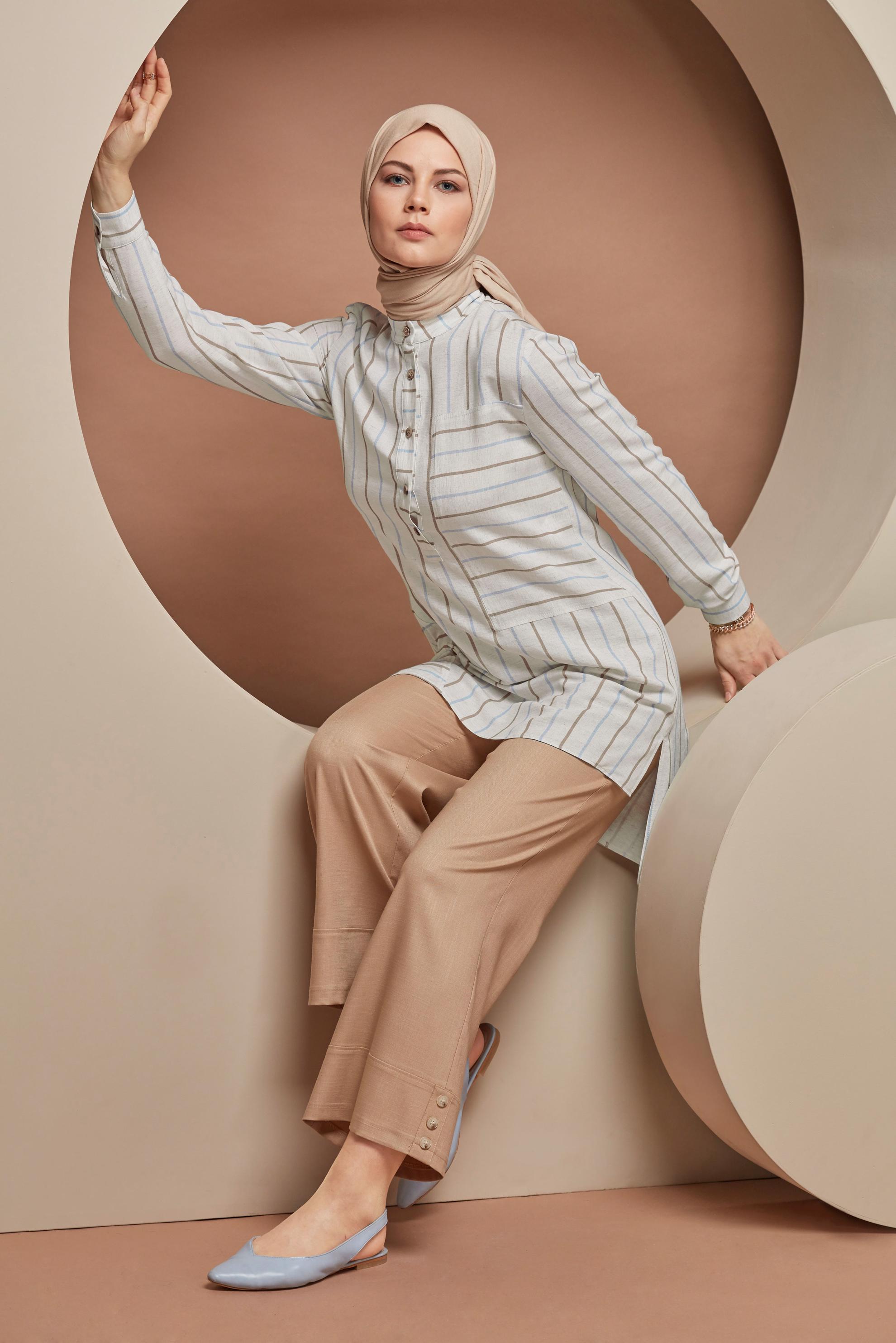 Tesettür giyim MAVİ DÜĞMELİ ÇİZGİLİ VİSKON TUNİK 41522 