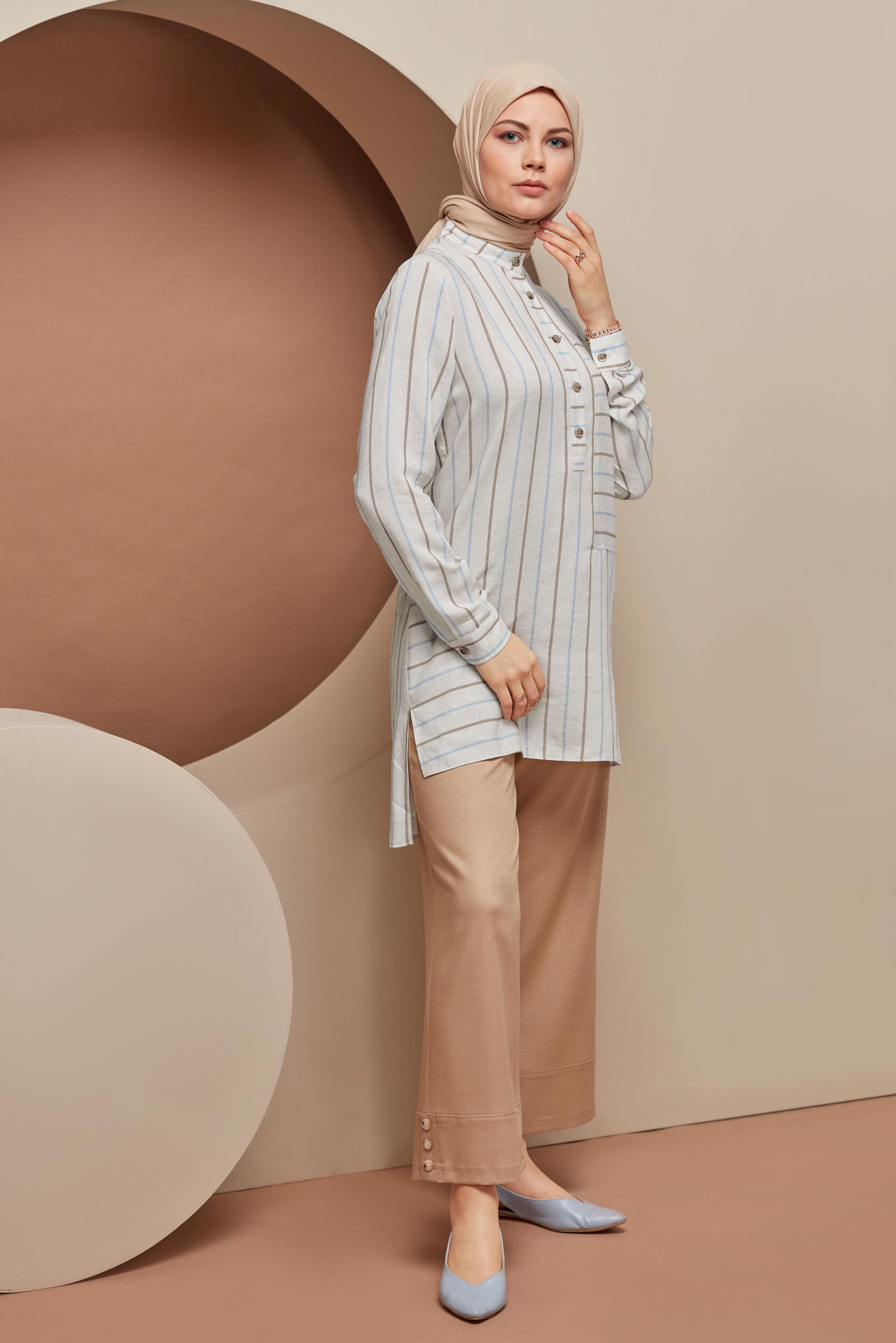 Tesettür giyim MAVİ DÜĞMELİ ÇİZGİLİ VİSKON TUNİK 41522 