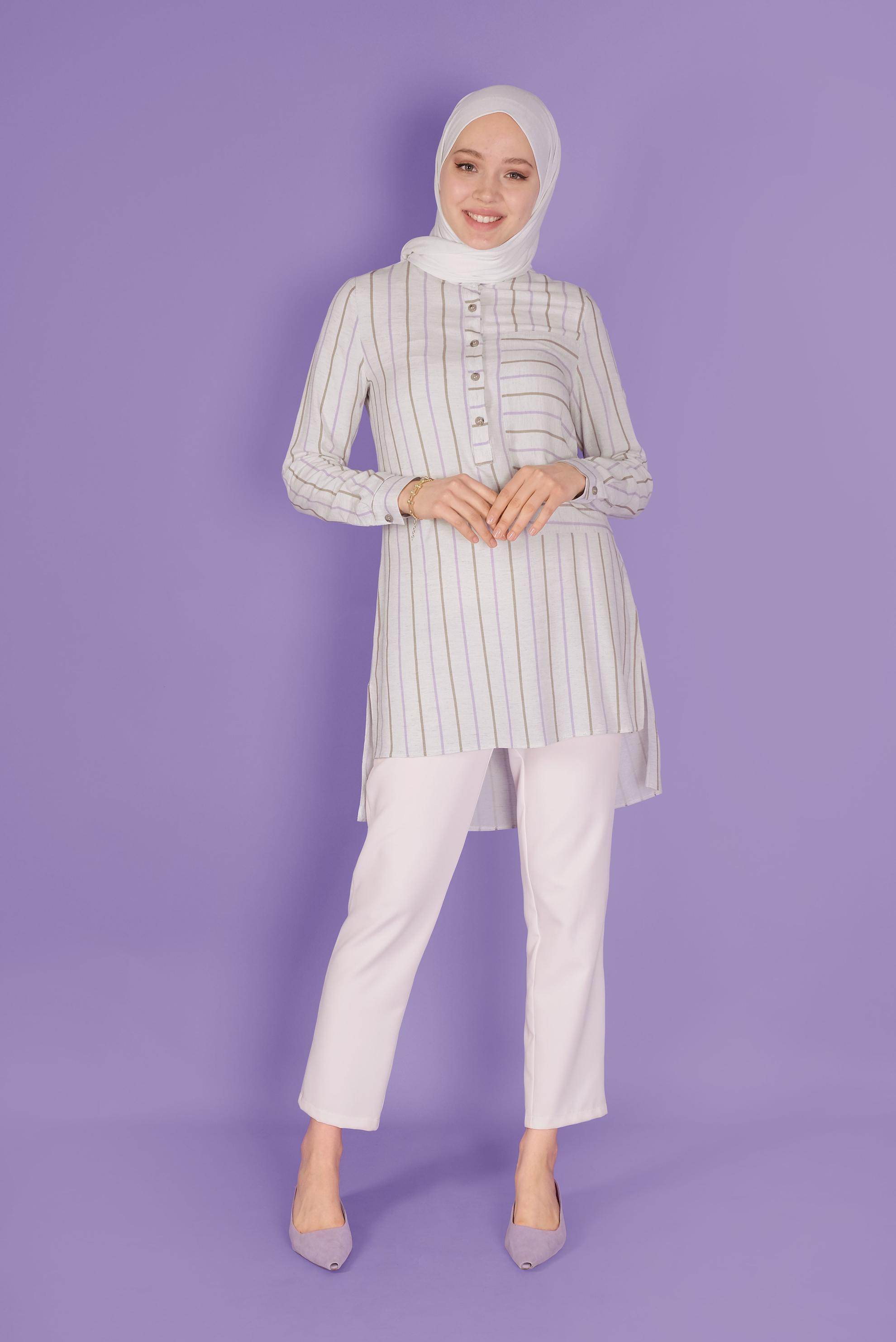 Tesettür giyim MOR DÜĞMELİ ÇİZGİLİ VİSKON TUNİK 41522 