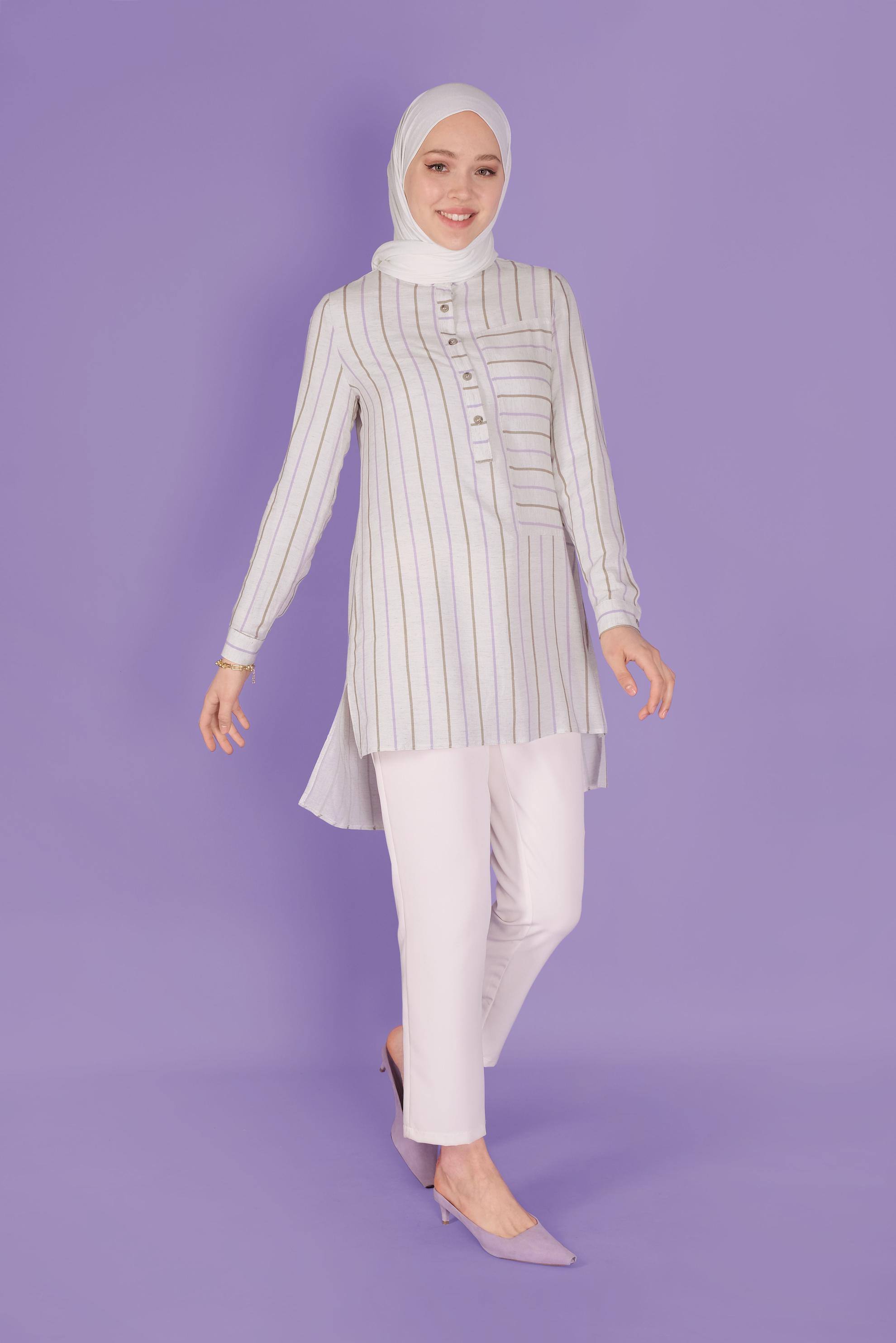 Tesettür giyim MOR DÜĞMELİ ÇİZGİLİ VİSKON TUNİK 41522 