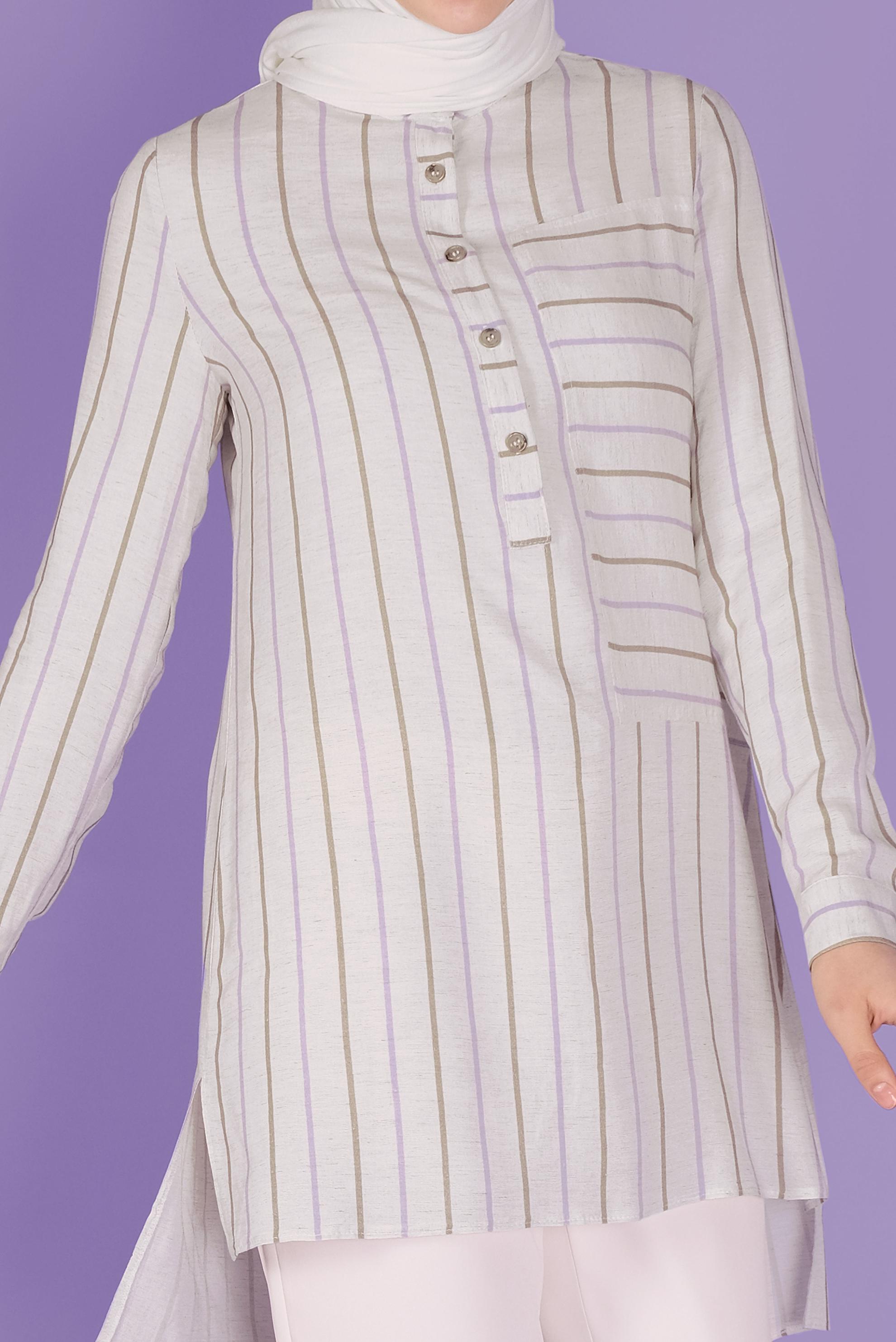 Tesettür giyim MOR DÜĞMELİ ÇİZGİLİ VİSKON TUNİK 41522 