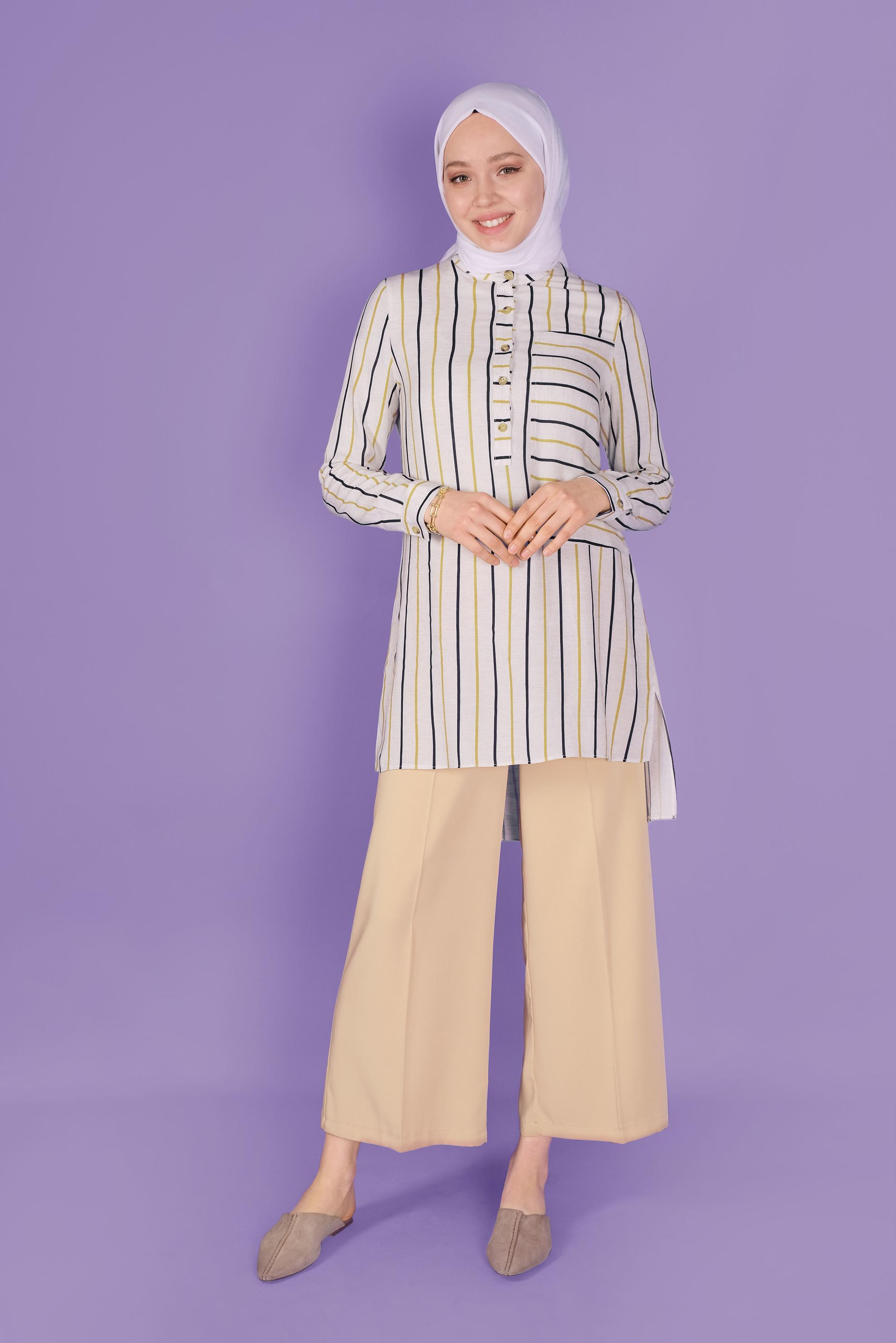 Tesettür giyim SARI DÜĞMELİ ÇİZGİLİ VİSKON TUNİK 41522 