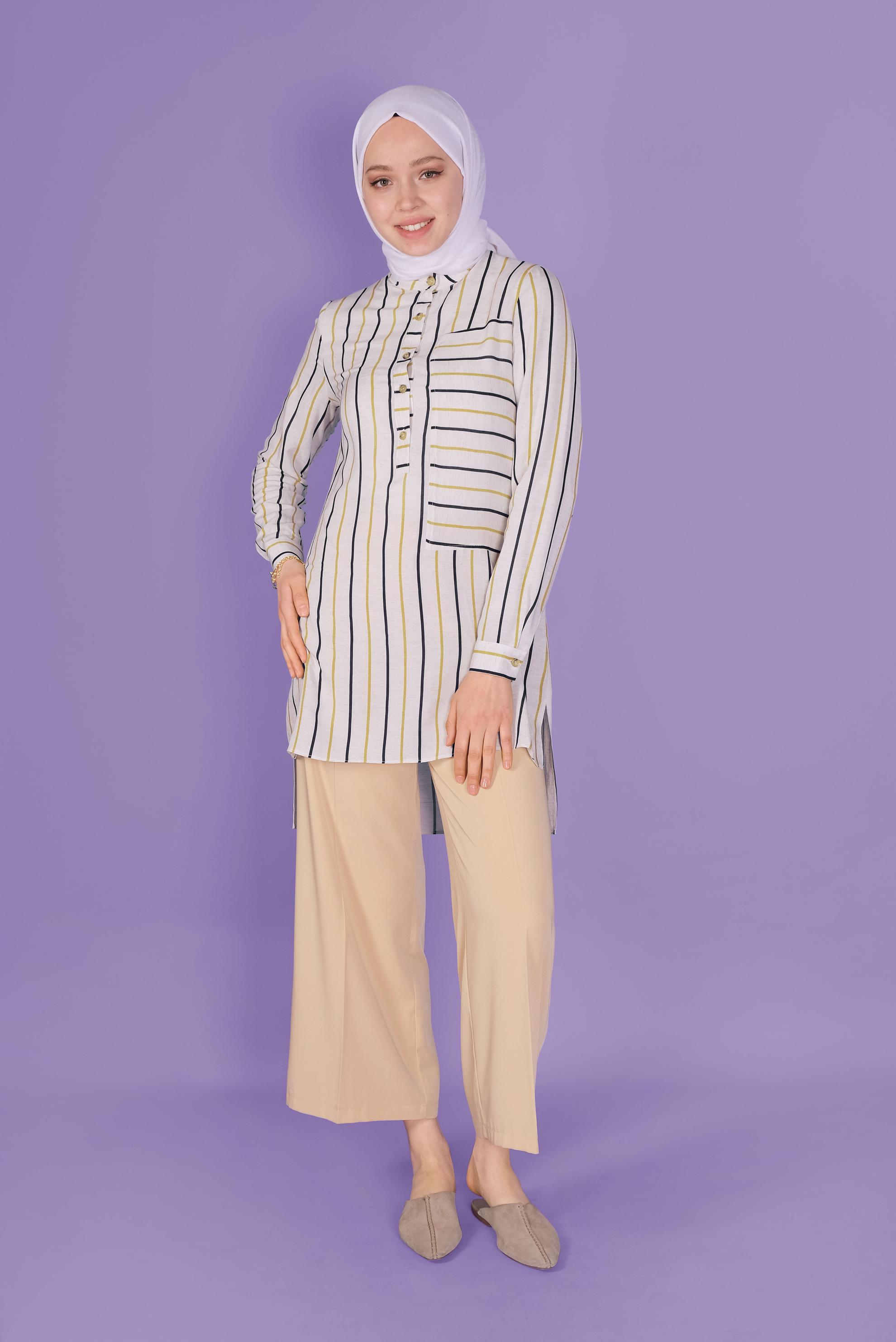 Tesettür giyim SARI DÜĞMELİ ÇİZGİLİ VİSKON TUNİK 41522 