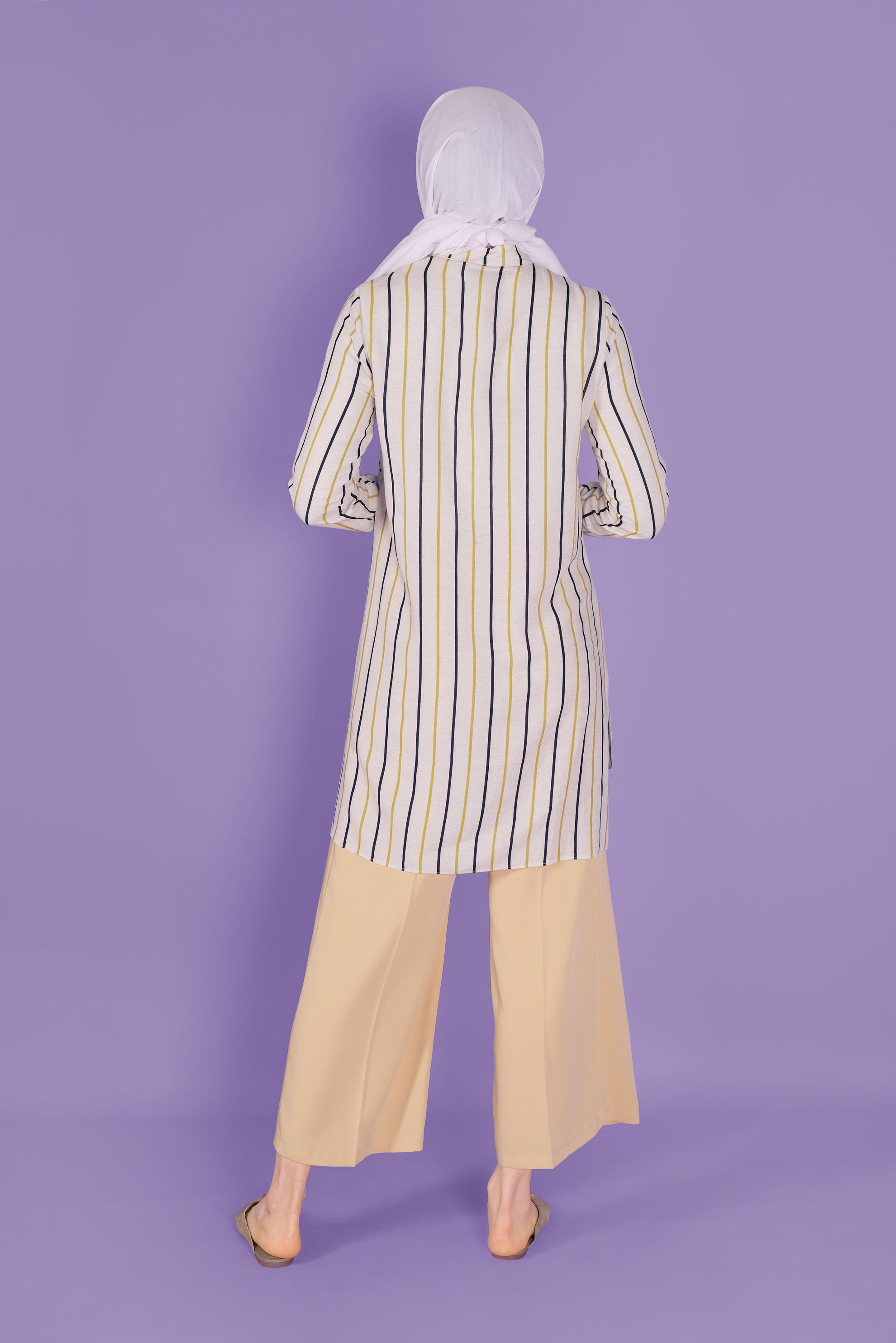 Tesettür giyim SARI DÜĞMELİ ÇİZGİLİ VİSKON TUNİK 41522 