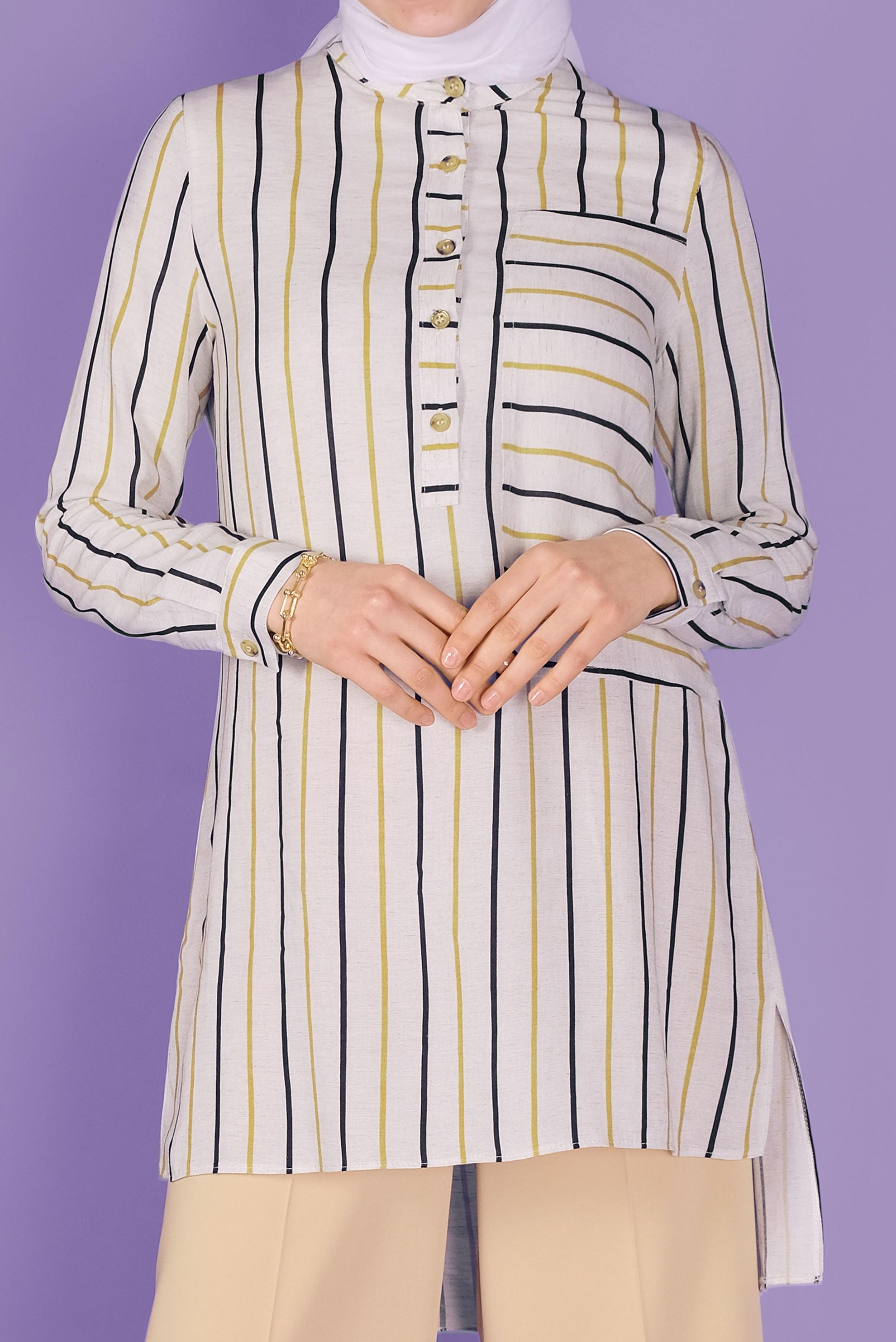 Tesettür giyim SARI DÜĞMELİ ÇİZGİLİ VİSKON TUNİK 41522 