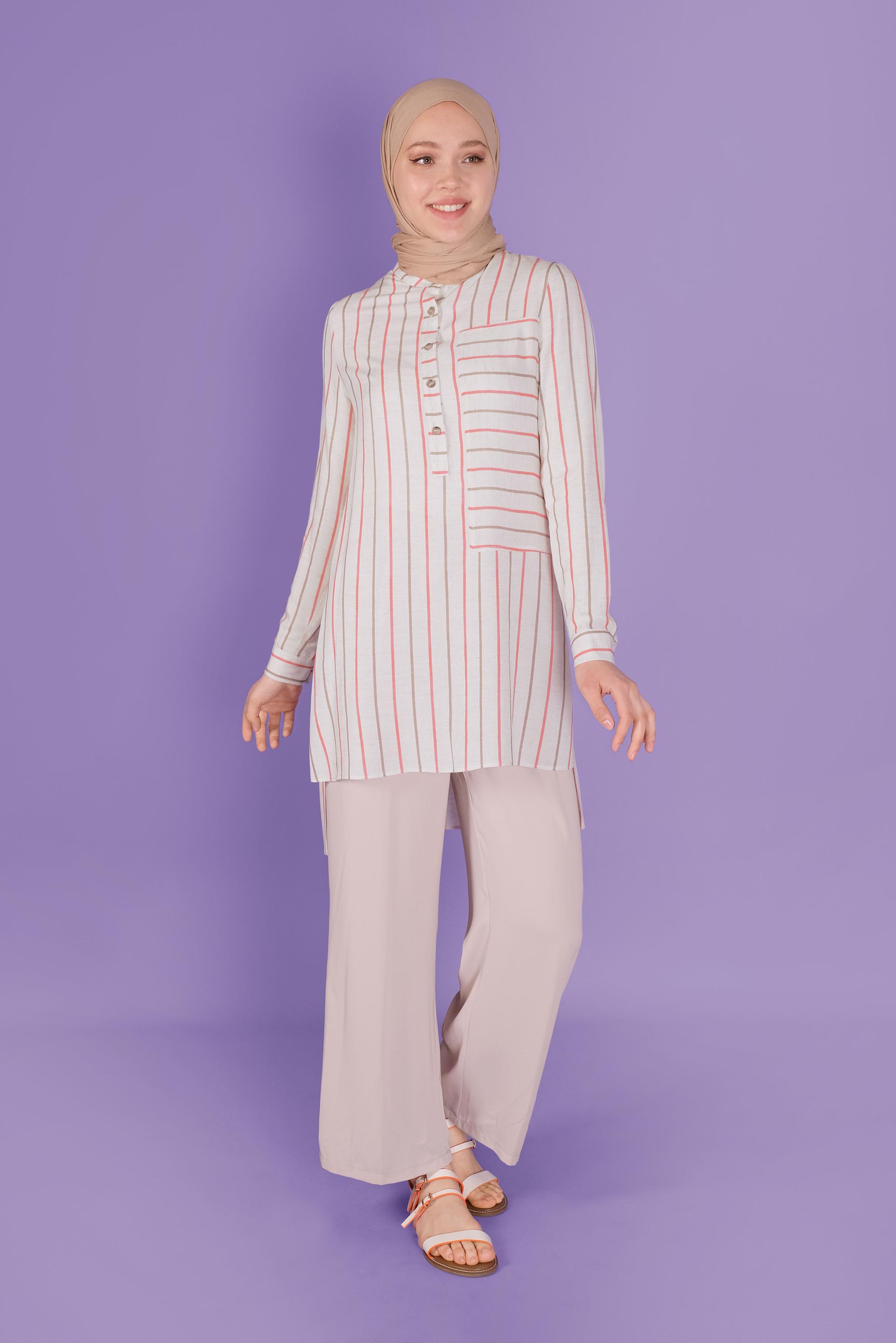 Tesettür giyim MERCAN DÜĞMELİ ÇİZGİLİ VİSKON TUNİK 41522 