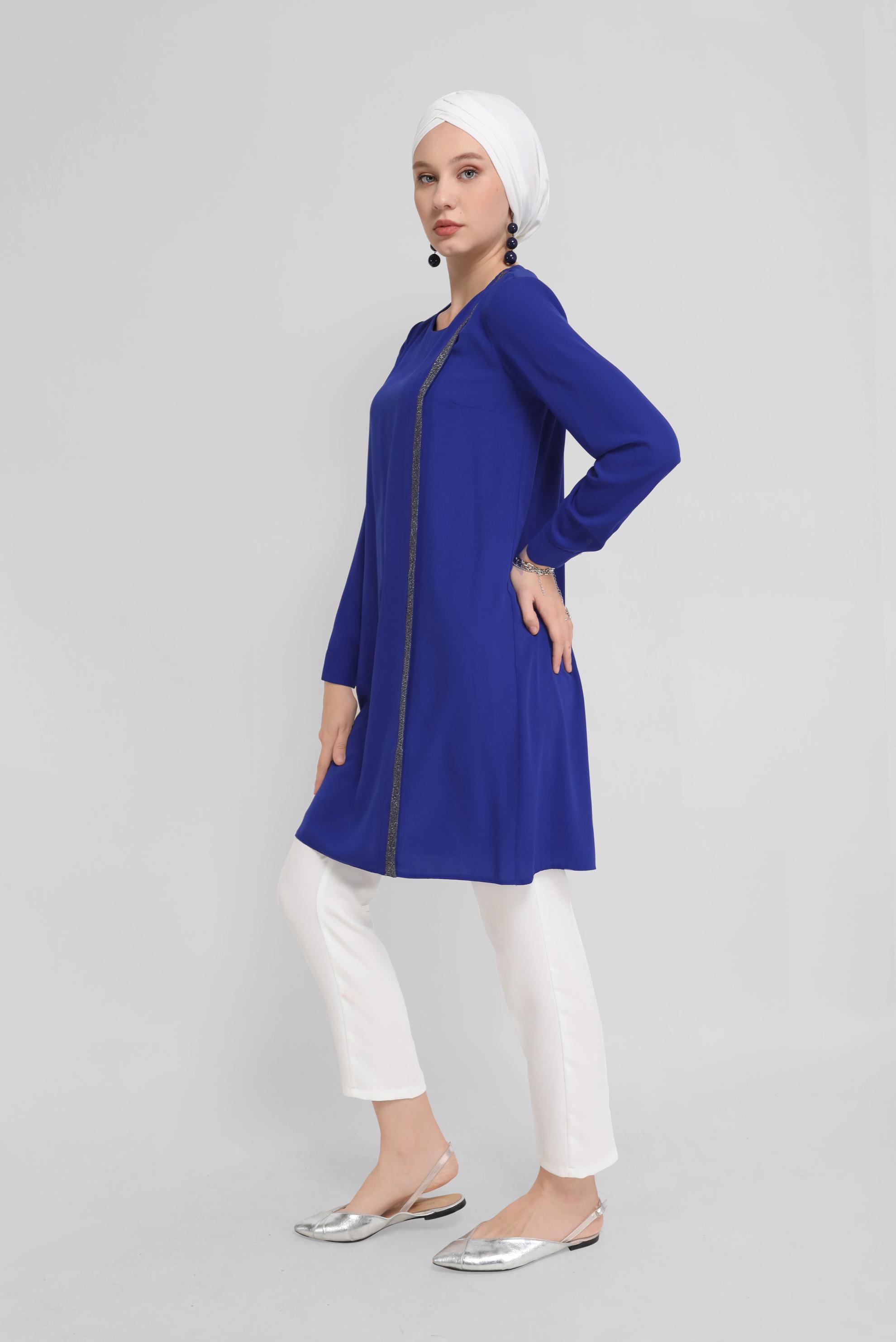 Tesettür giyim LACİVERT TAŞ ŞERİT DETAYLI TUNİK 41524 