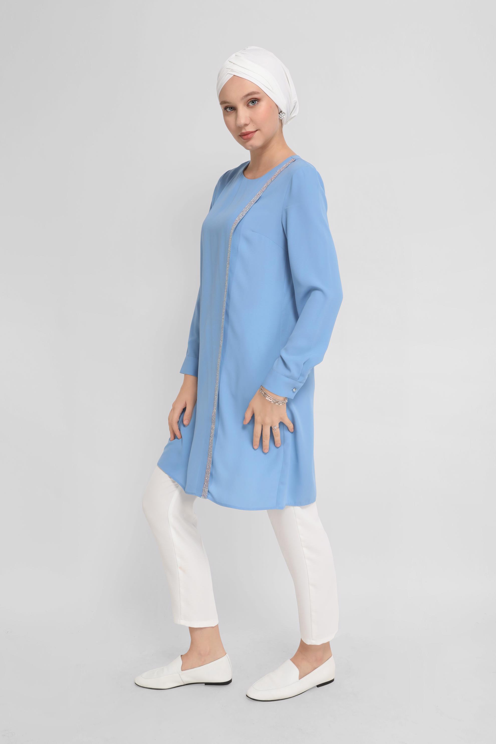 Tesettür giyim MAVİ TAŞ ŞERİT DETAYLI TUNİK 41524 