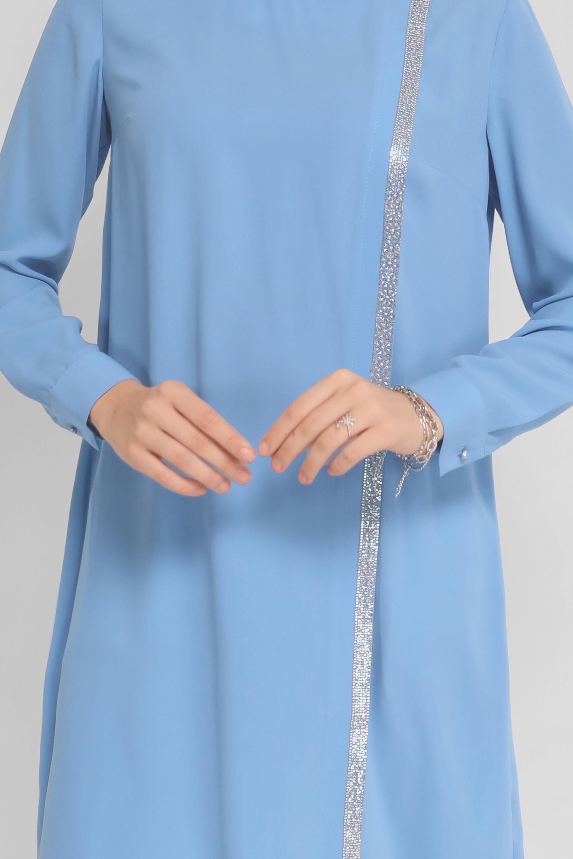 Tesettür giyim MAVİ TAŞ ŞERİT DETAYLI TUNİK 41524 