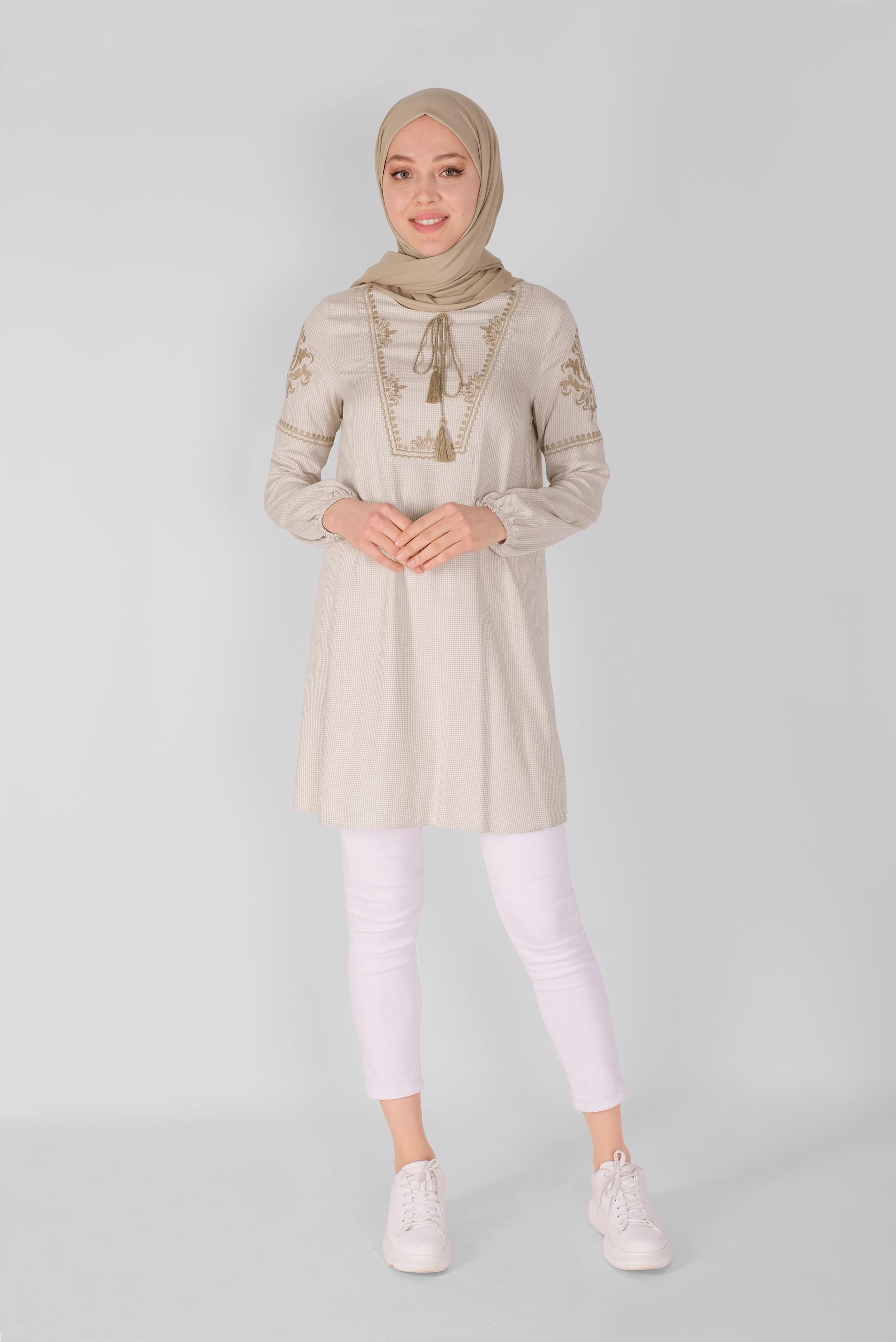 Tesettür giyim BEJ NAKIŞLI TUNİK 41526 