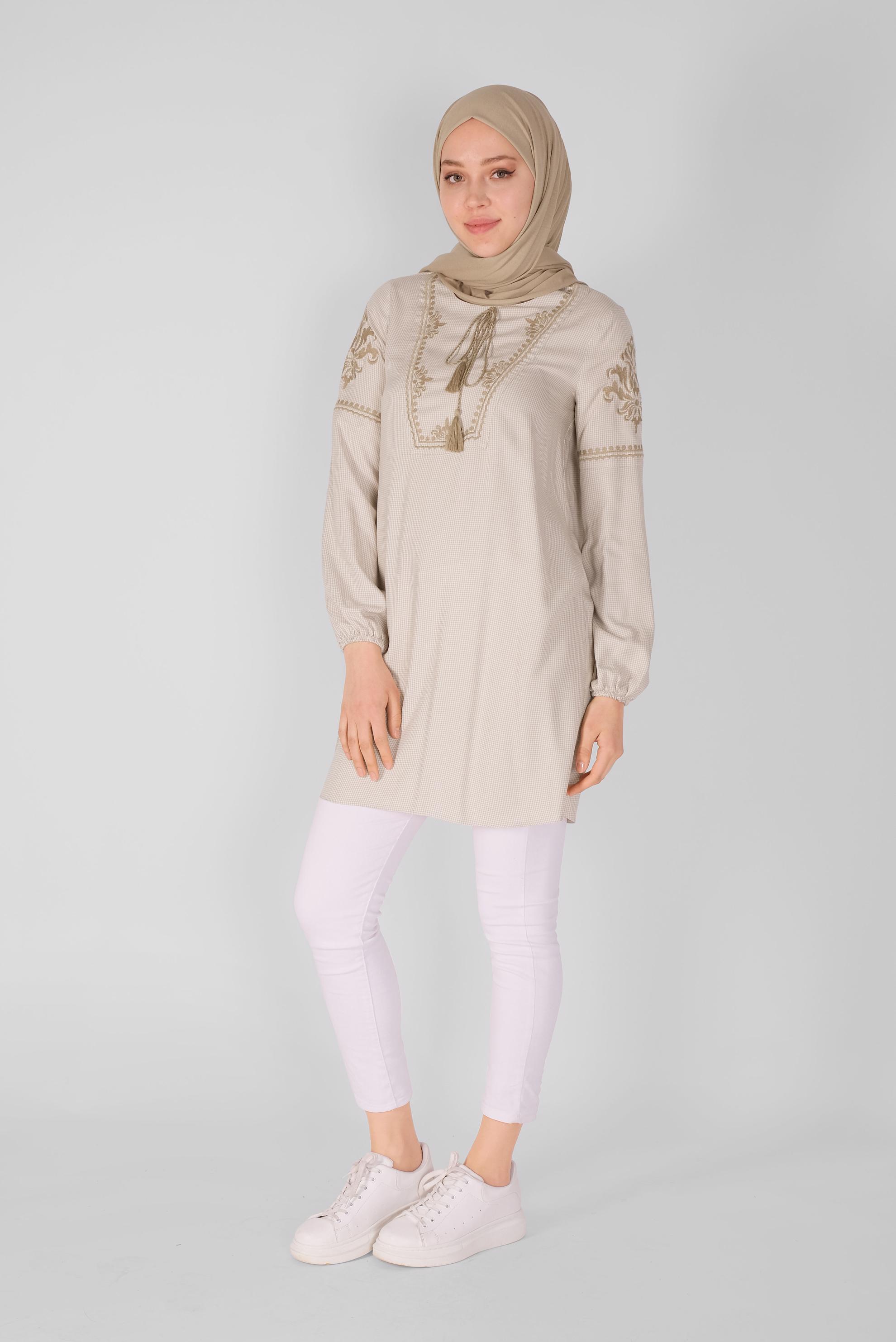 Tesettür giyim BEJ NAKIŞLI TUNİK 41526 