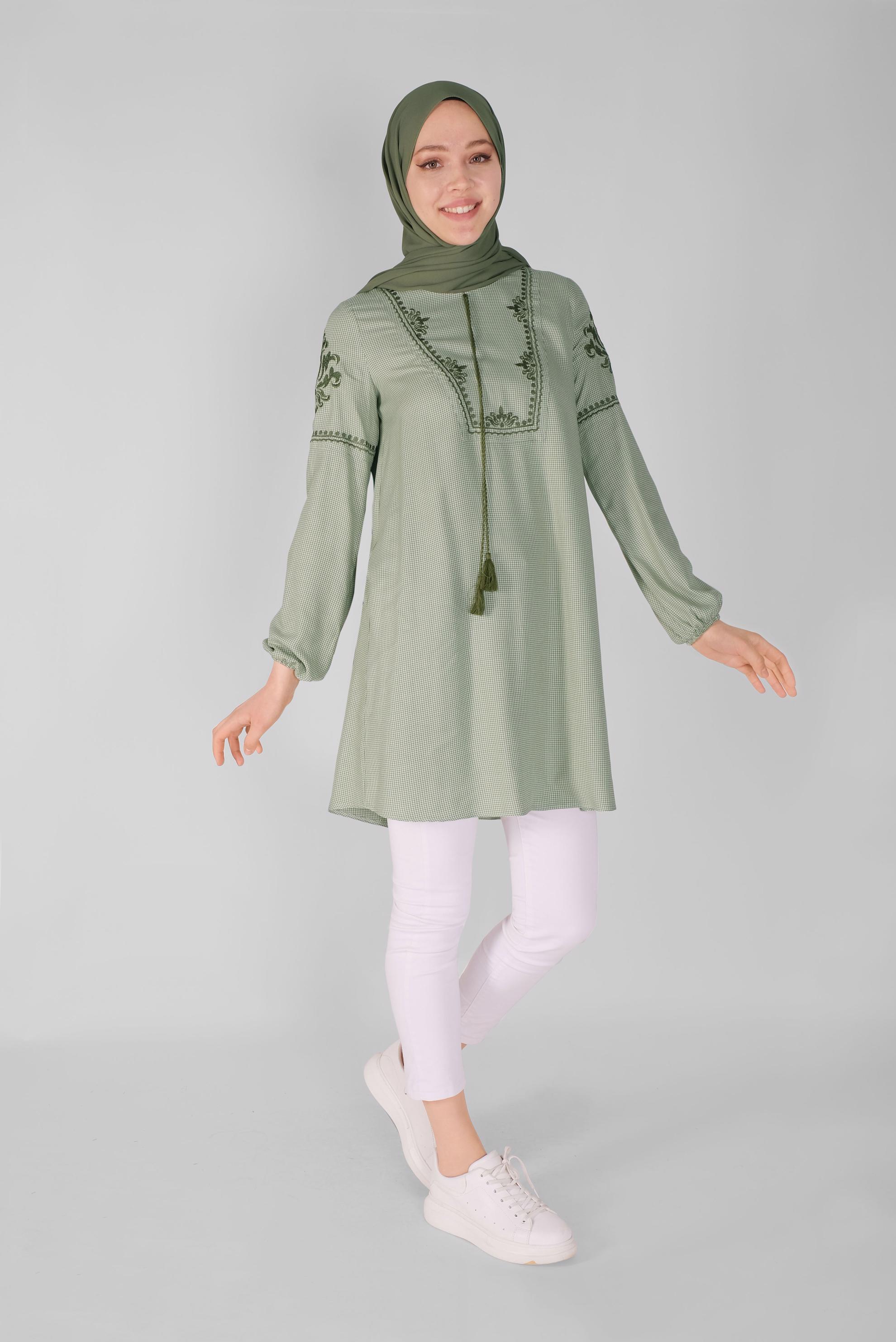 Tesettür giyim HAKİ NAKIŞLI TUNİK 41526 