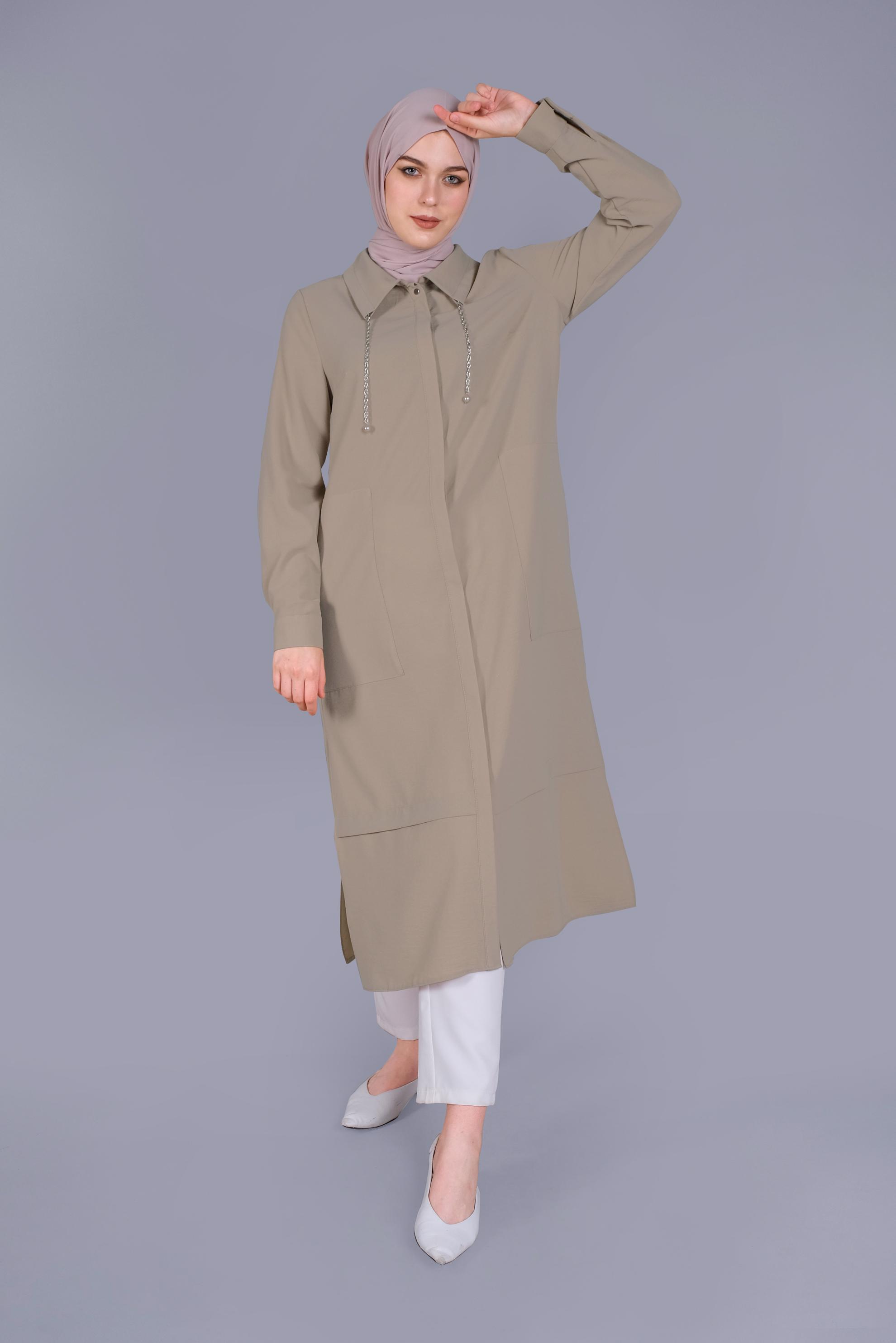 Tesettür giyim BEJ GİZLİ DÜĞMELİ BAĞCIKLI TUNİK 41528 