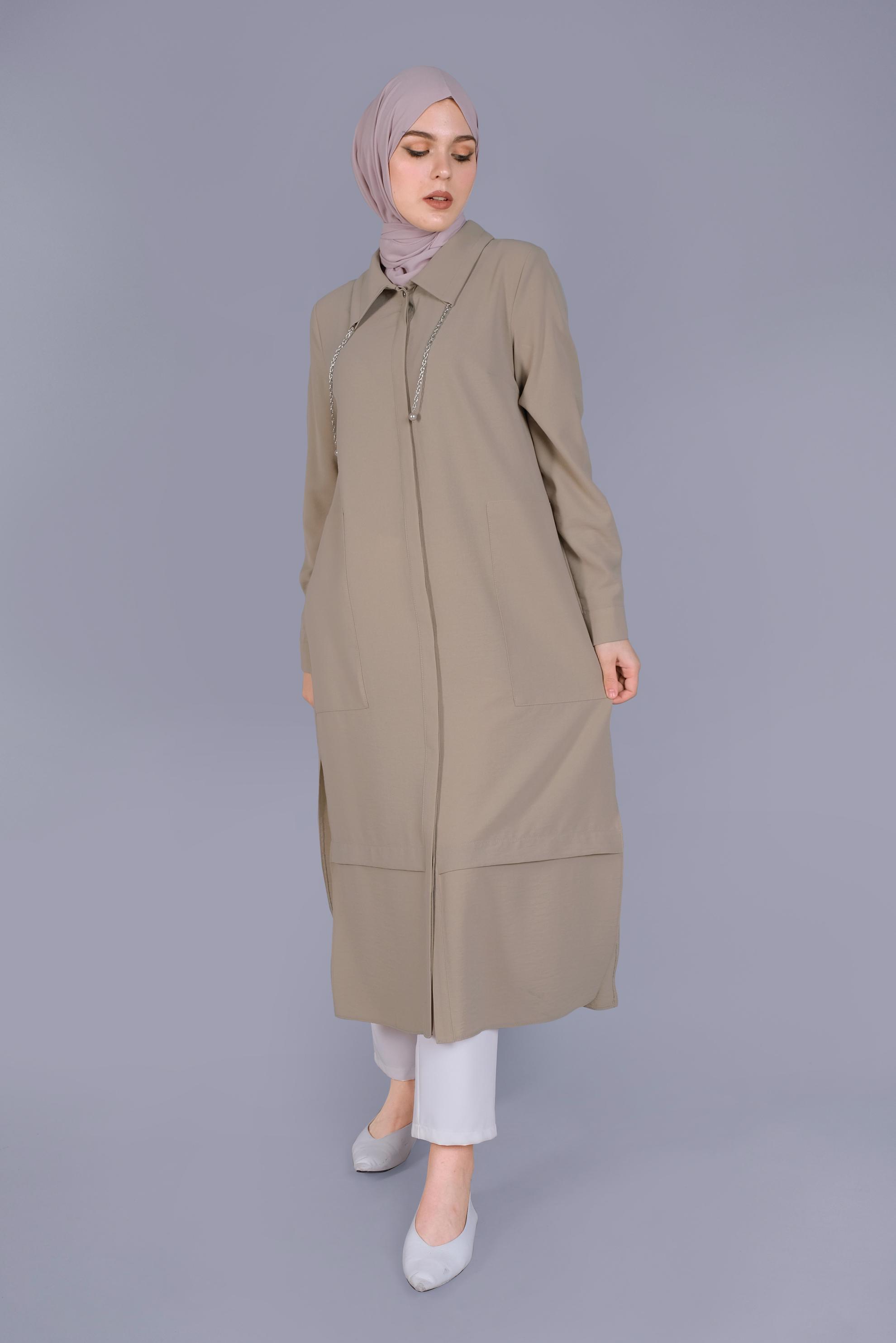 Tesettür giyim BEJ GİZLİ DÜĞMELİ BAĞCIKLI TUNİK 41528 