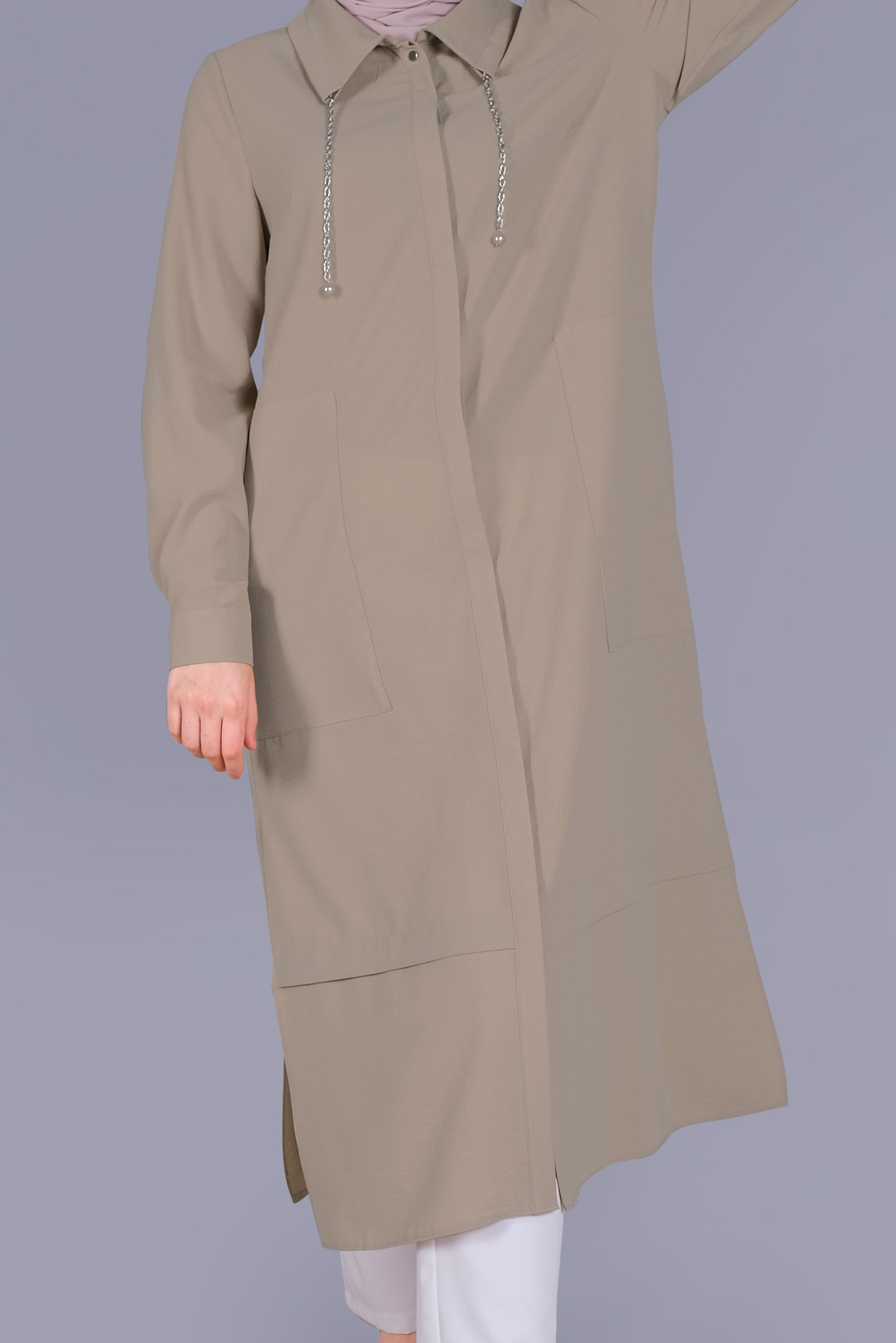 Tesettür giyim BEJ GİZLİ DÜĞMELİ BAĞCIKLI TUNİK 41528 