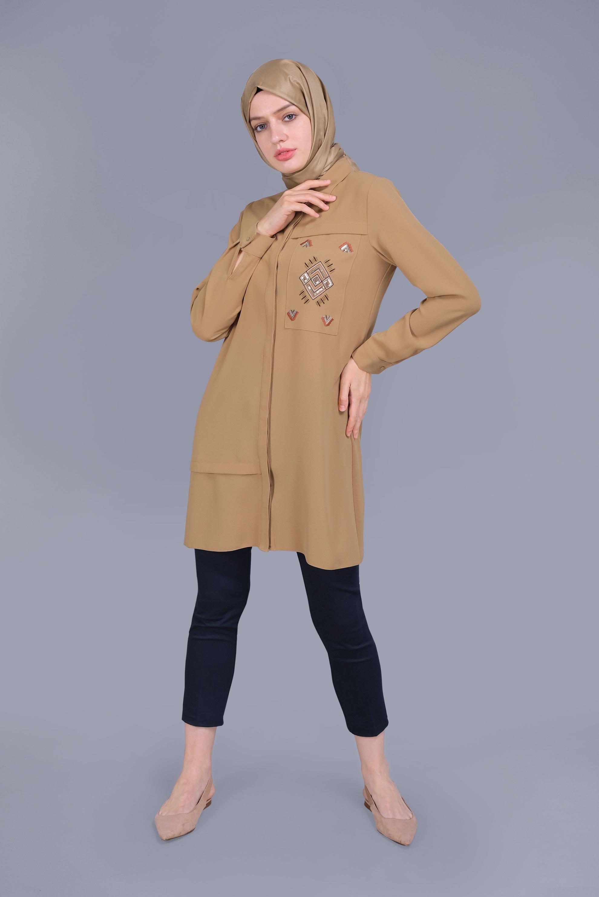 Tesettür giyim SARI NAKIŞLI PULLU TUNİK 41529 