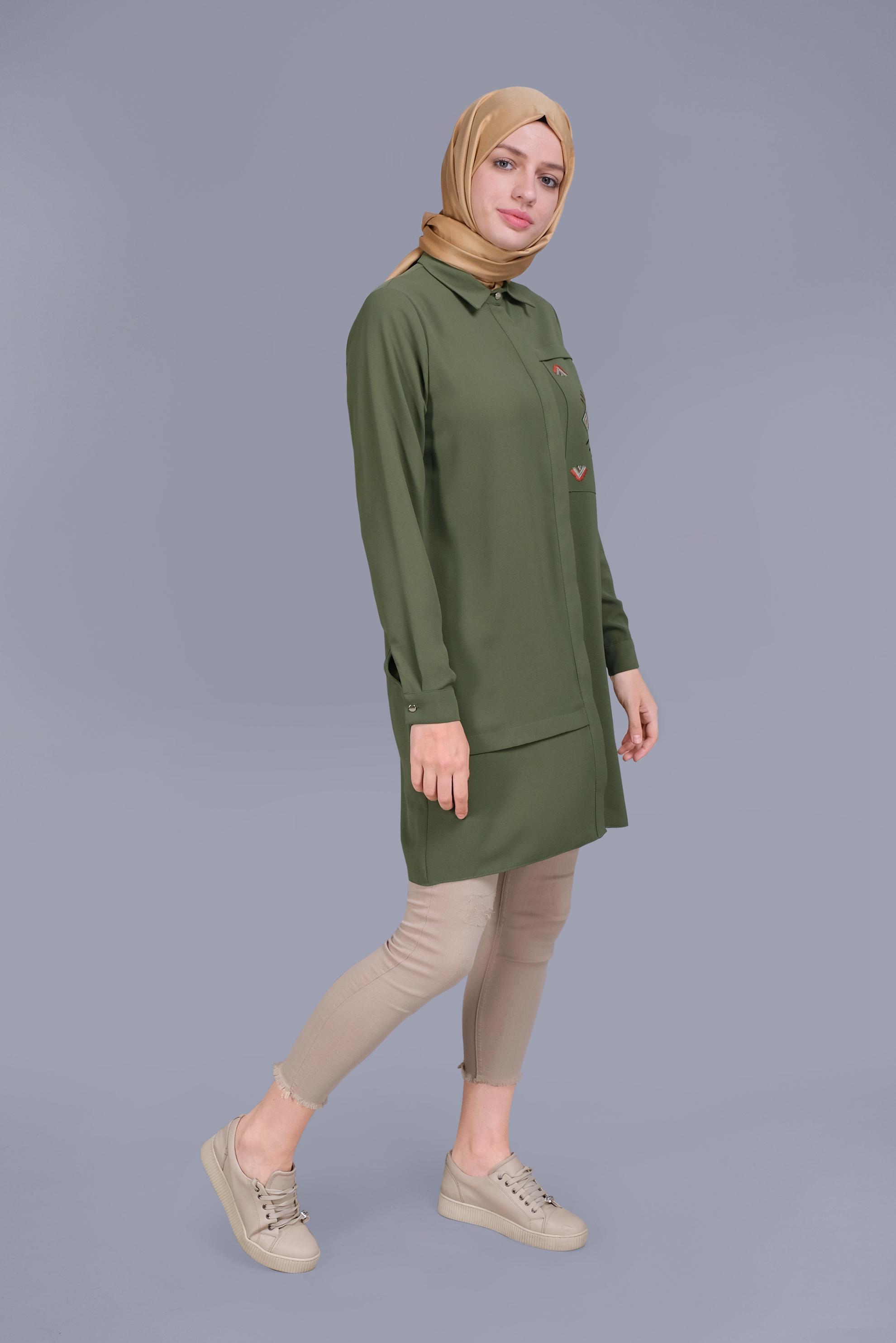 Tesettür giyim HAKİ NAKIŞLI PULLU TUNİK 41529 