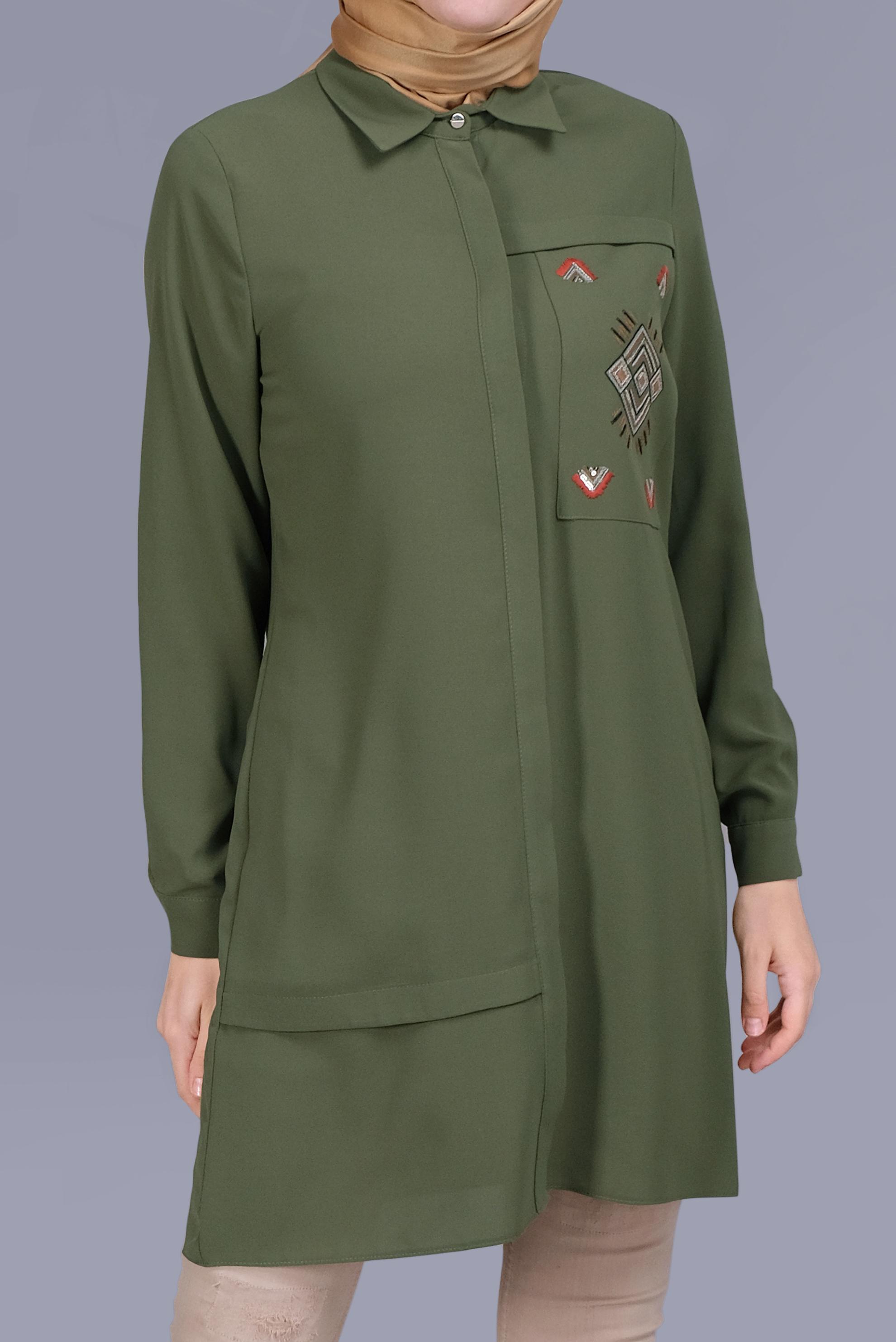 Tesettür giyim HAKİ NAKIŞLI PULLU TUNİK 41529 