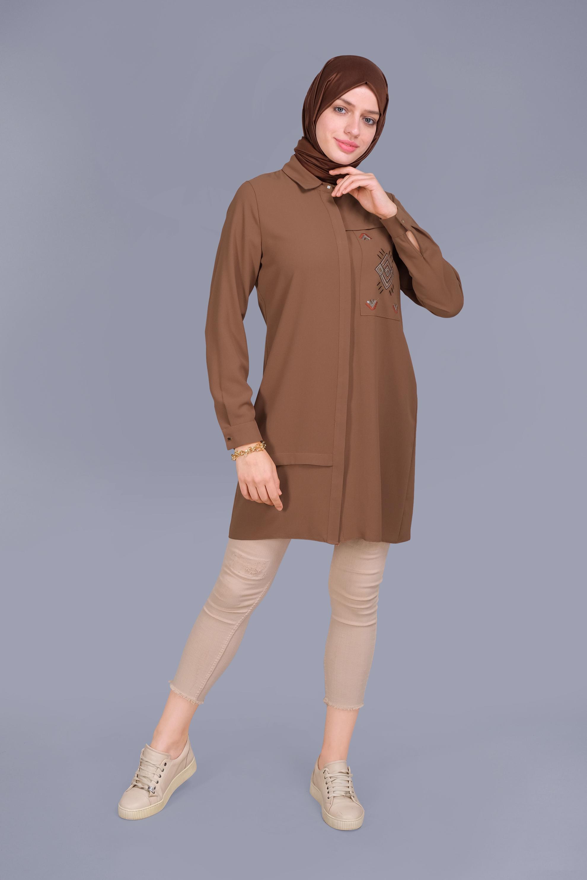 Tesettür giyim KAHVE NAKIŞLI PULLU TUNİK 41529 