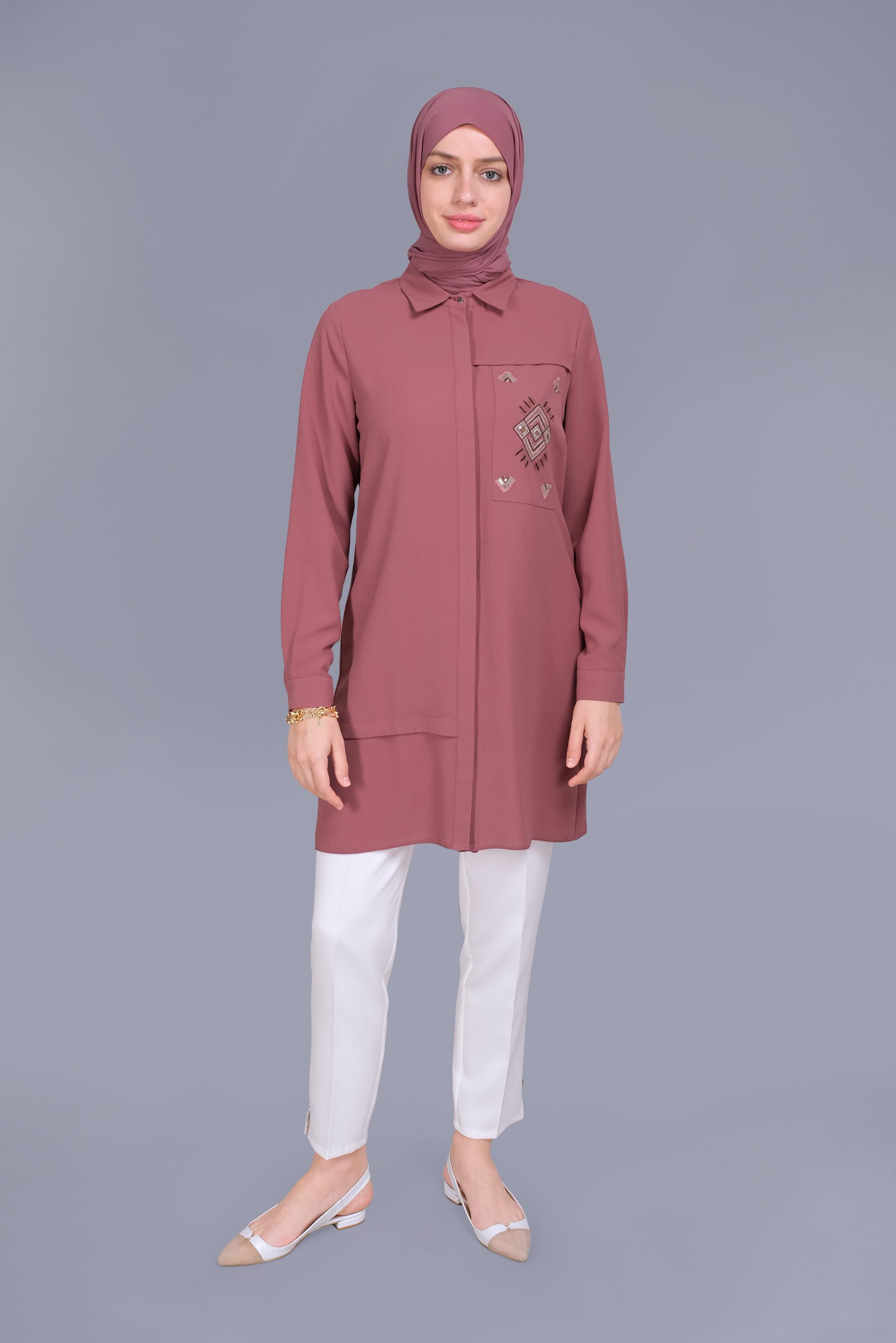 Tesettür giyim PEMBE NAKIŞLI PULLU TUNİK 41529 