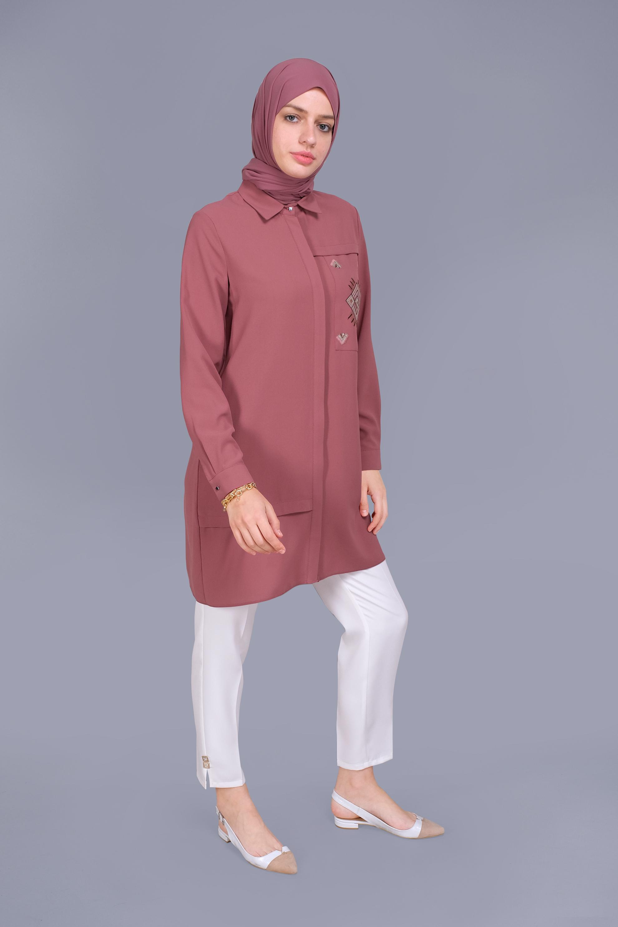 Tesettür giyim PEMBE NAKIŞLI PULLU TUNİK 41529 