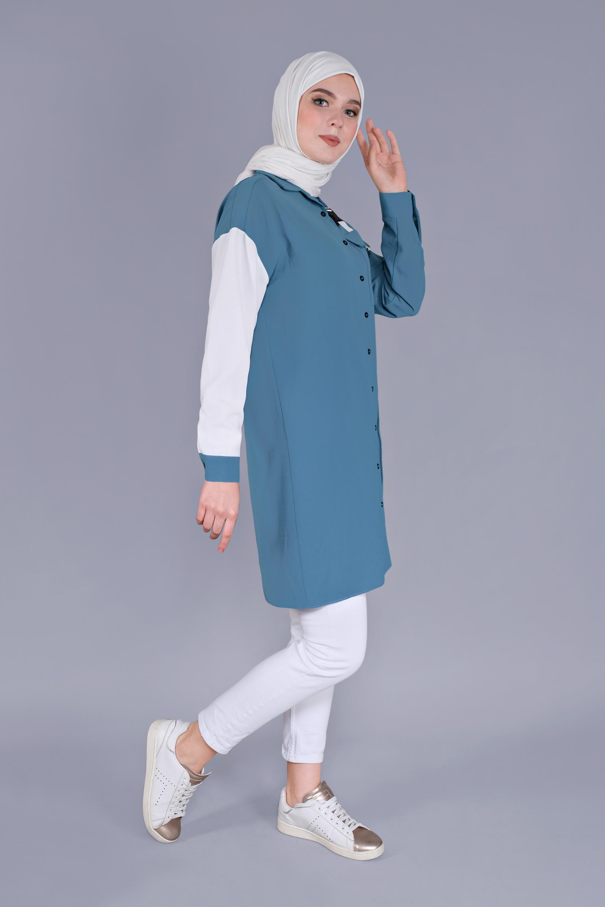 Tesettür giyim MAVİ TOKA DETAYLI DÜĞMELİ TUNİK 41541