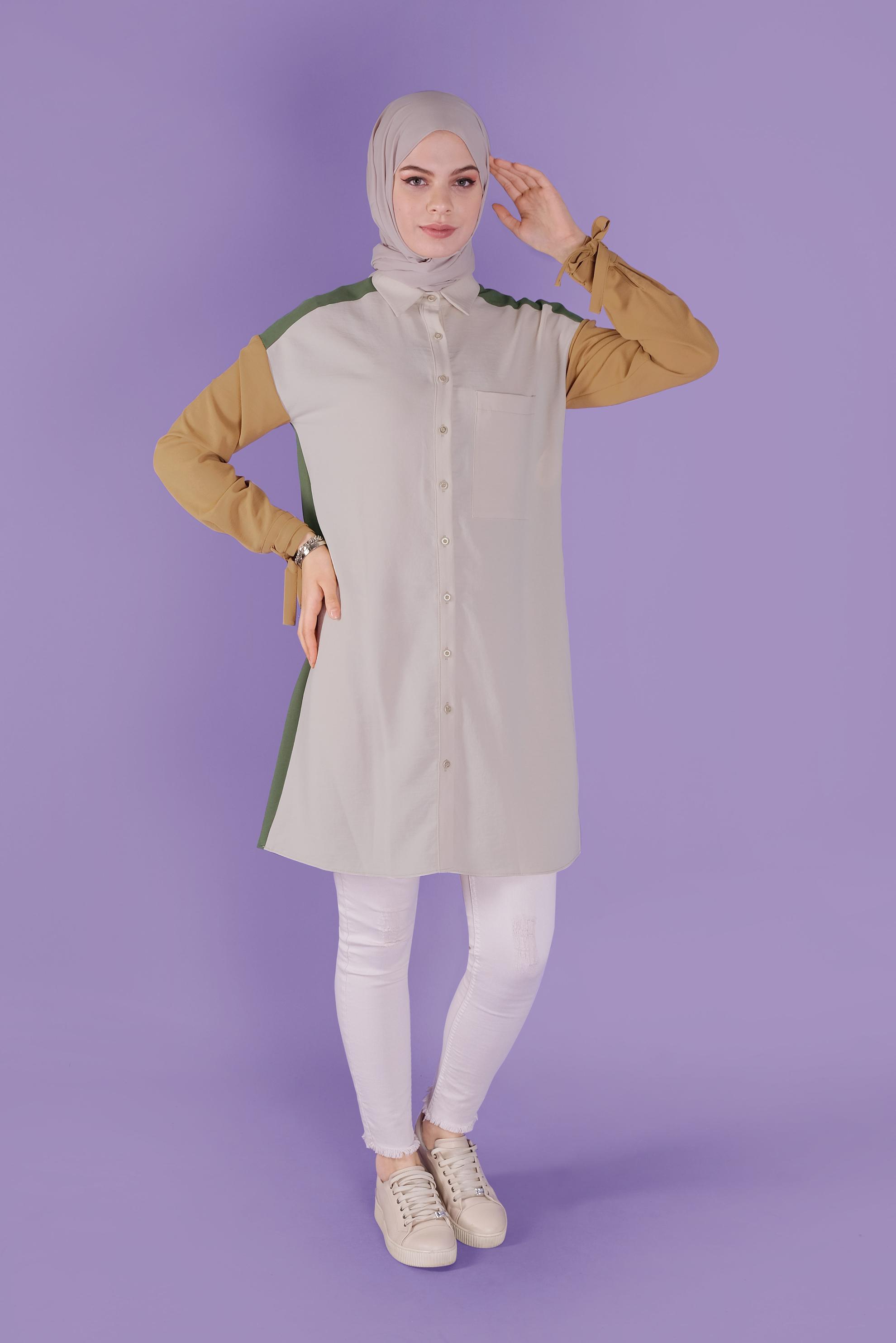 Tesettür giyim HAKİ 3 RENK KOMBİNLİ AEROBİN TUNİK 41542