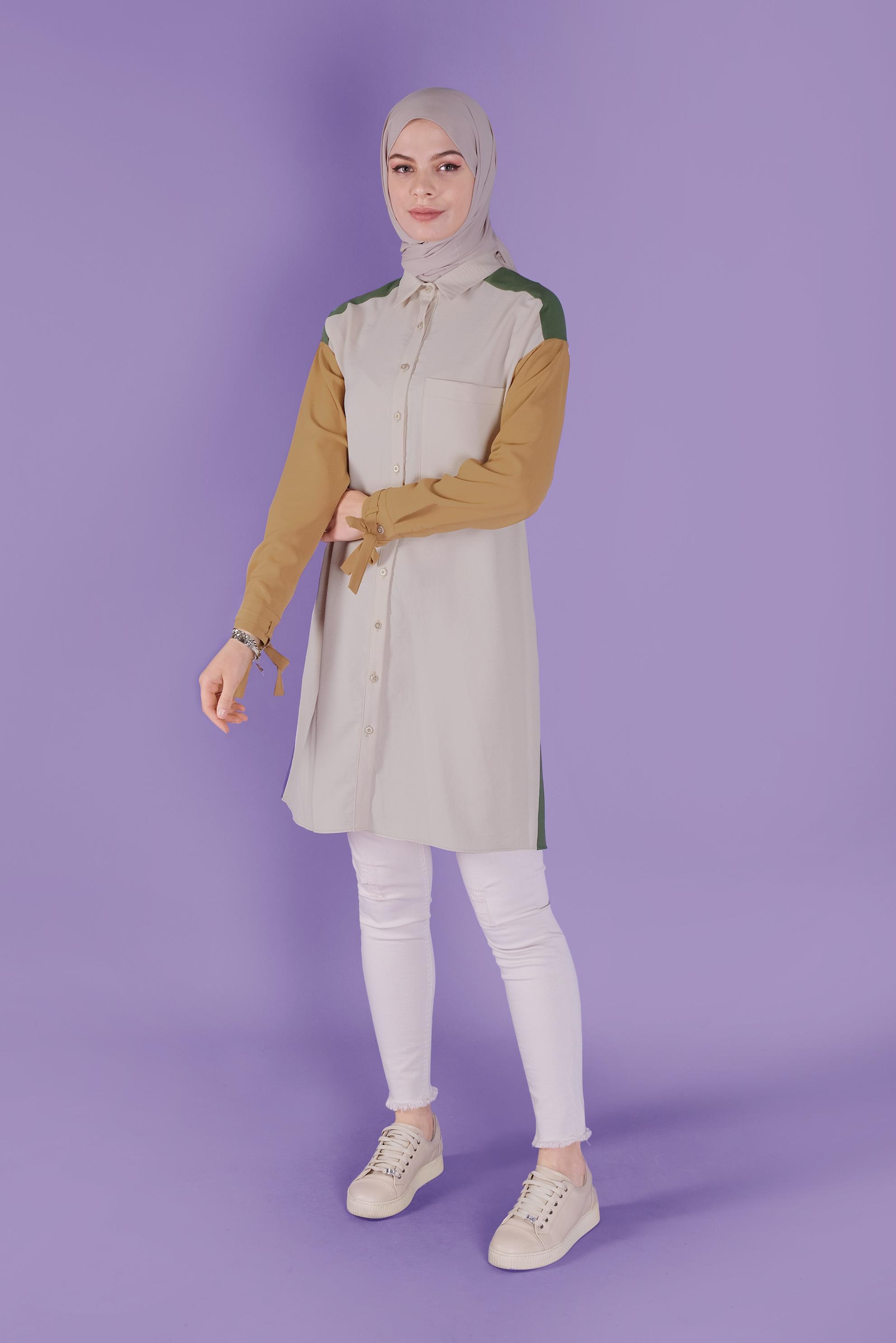 Tesettür giyim HAKİ 3 RENK KOMBİNLİ AEROBİN TUNİK 41542