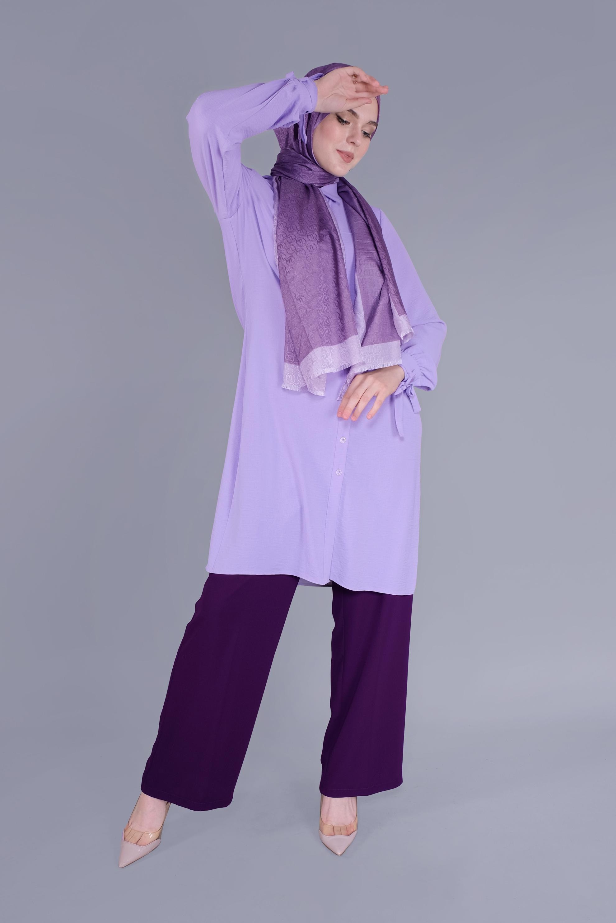 Tesettür giyim MOR MANŞETLERİ BAĞLAMA DETAYLI TUNİK 41544 