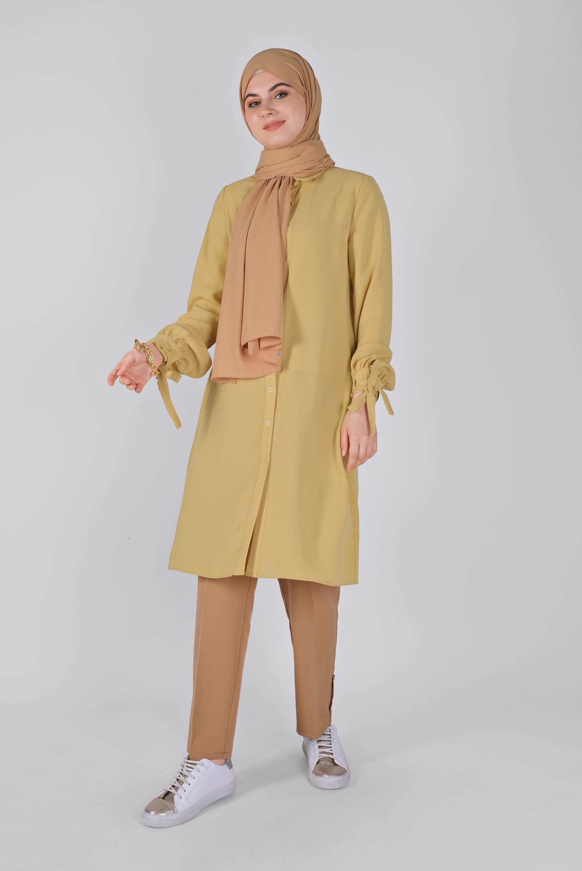 Tesettür giyim SARI MANŞETLERİ BAĞLAMA DETAYLI TUNİK 41544 