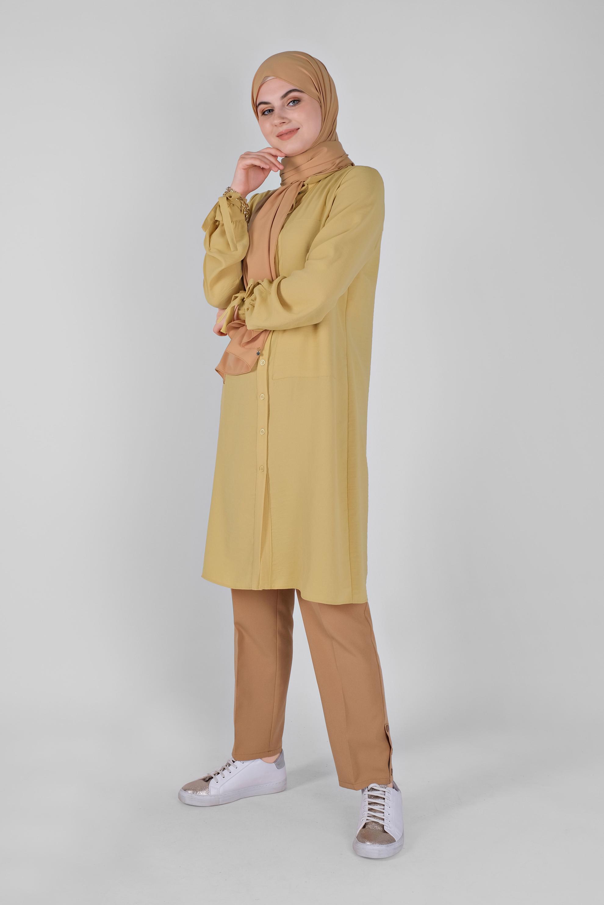 Tesettür giyim SARI MANŞETLERİ BAĞLAMA DETAYLI TUNİK 41544 