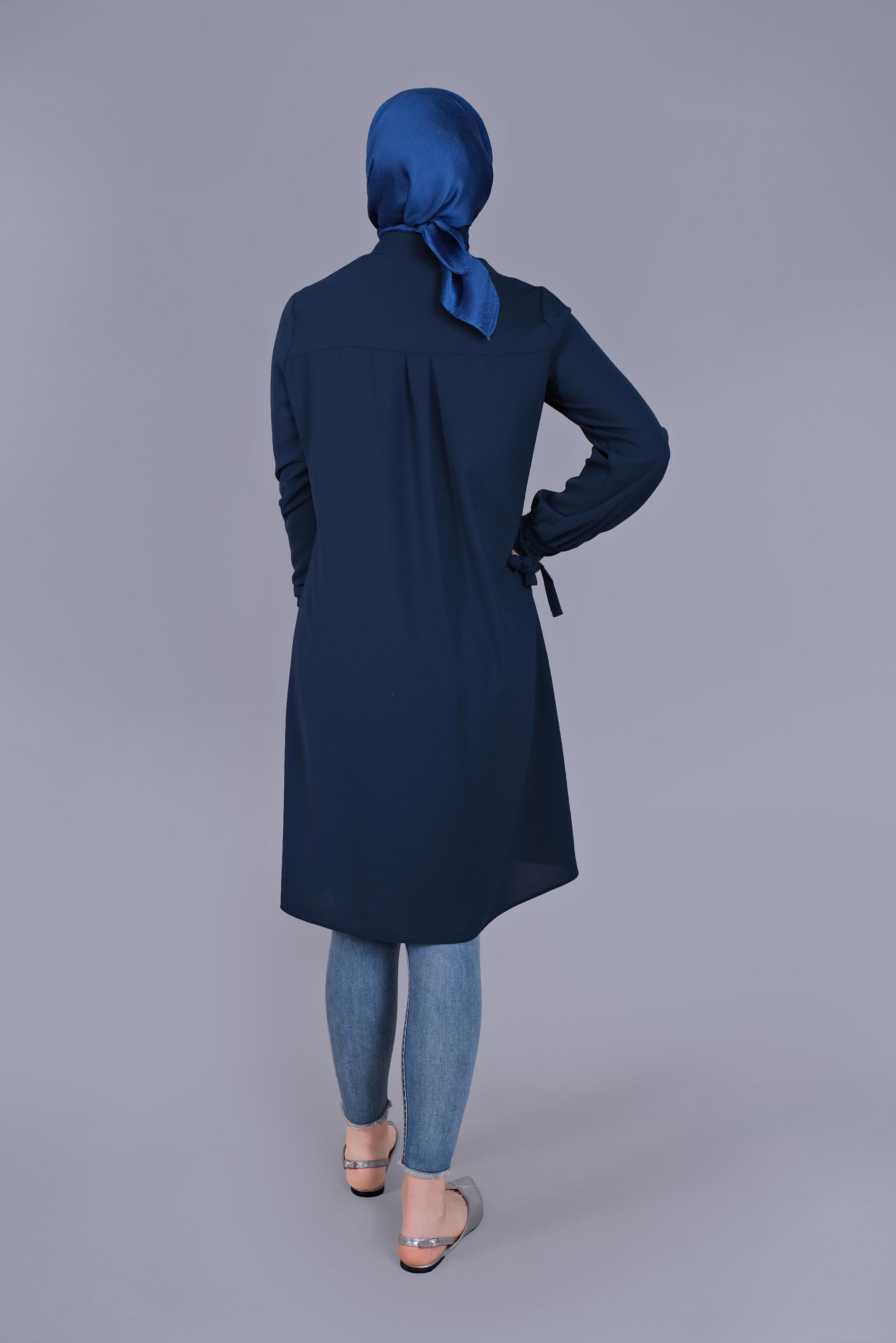 Tesettür giyim LACİVERT MANŞETLERİ BAĞLAMA DETAYLI TUNİK 41544 